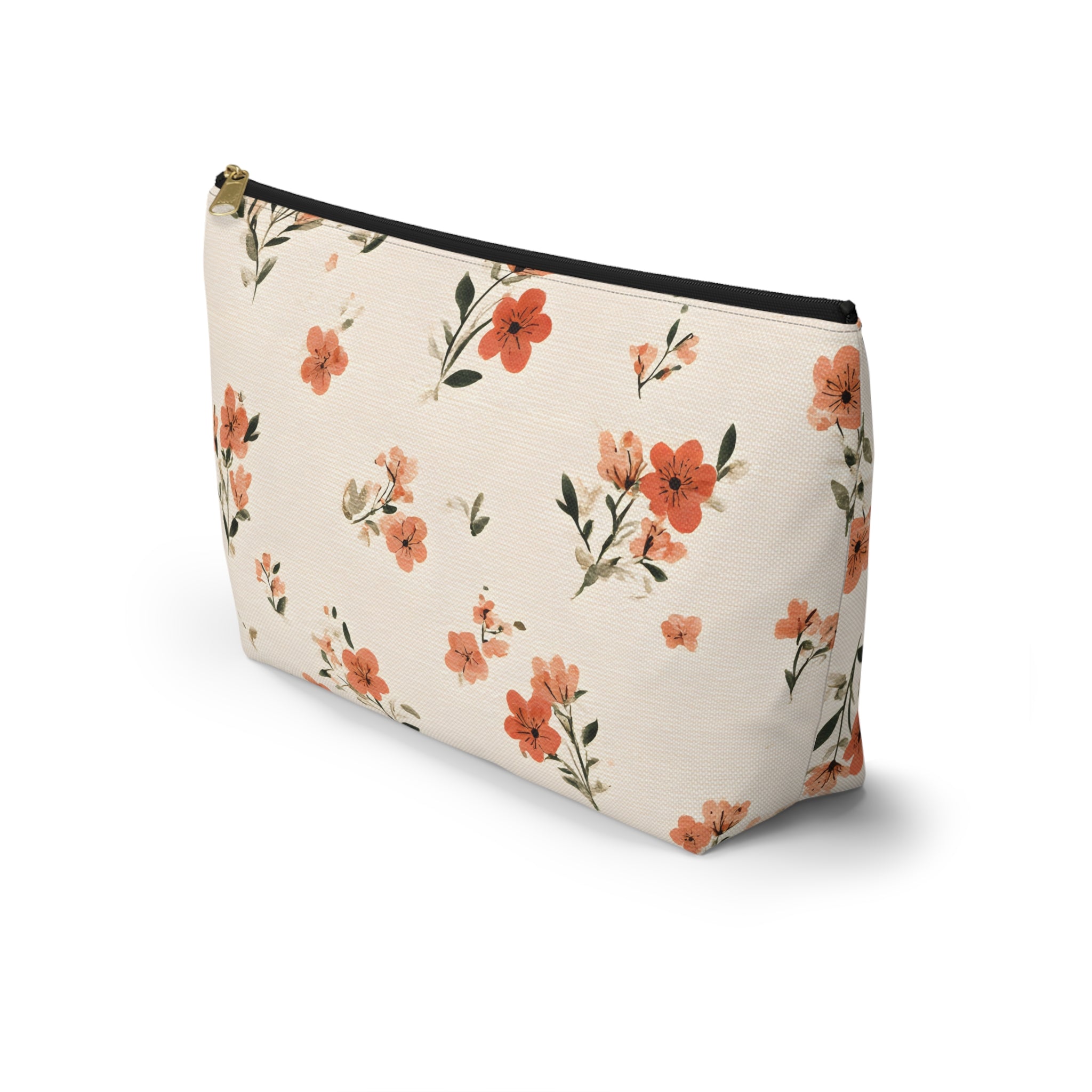 Peach Floral Print Accessory Pouch | T-Bottom Zipper Pouch