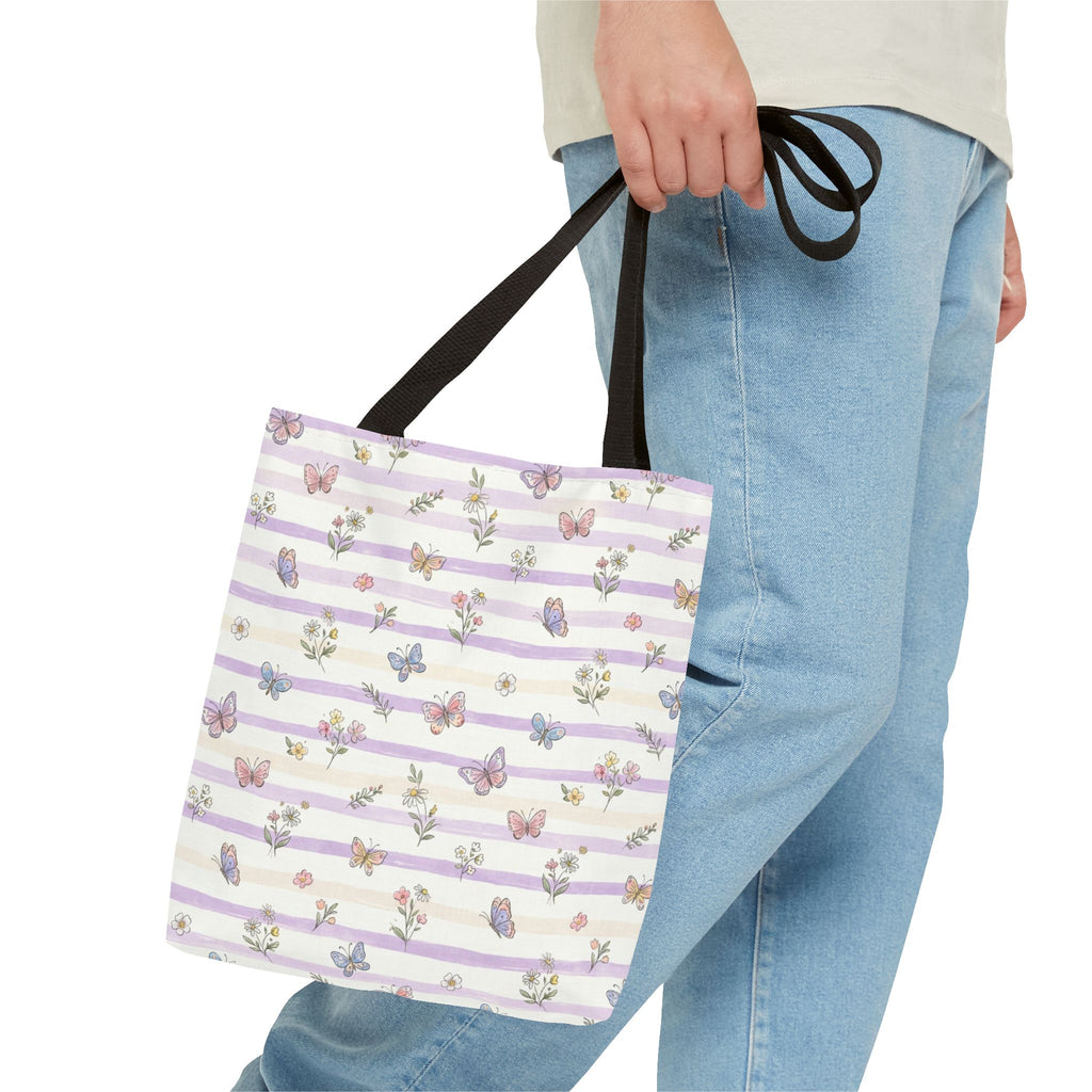 Pastel Butterfly Floral Stripe Tote