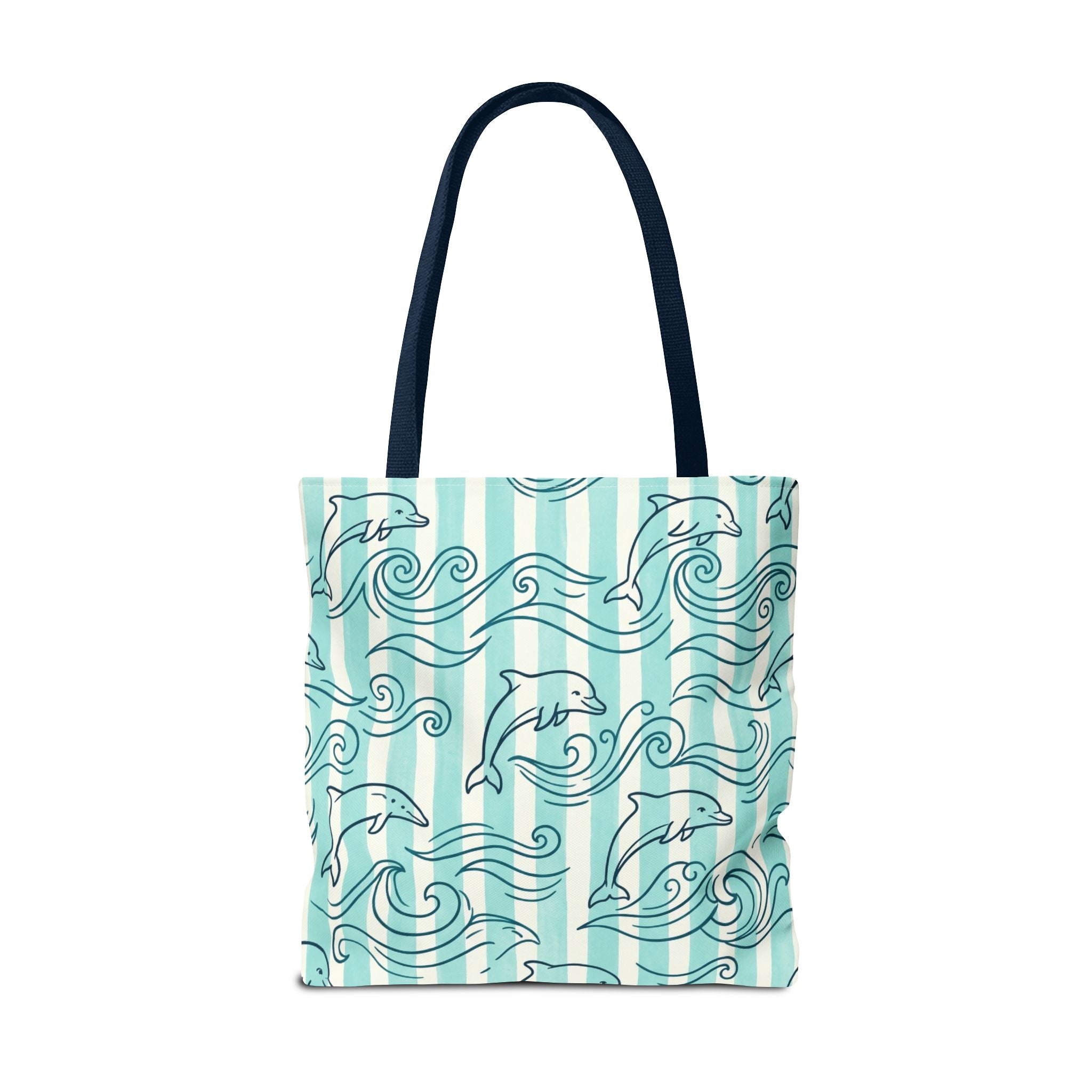 Dolphin Wave Pattern Tote Bag | Aqua Striped Ocean Design