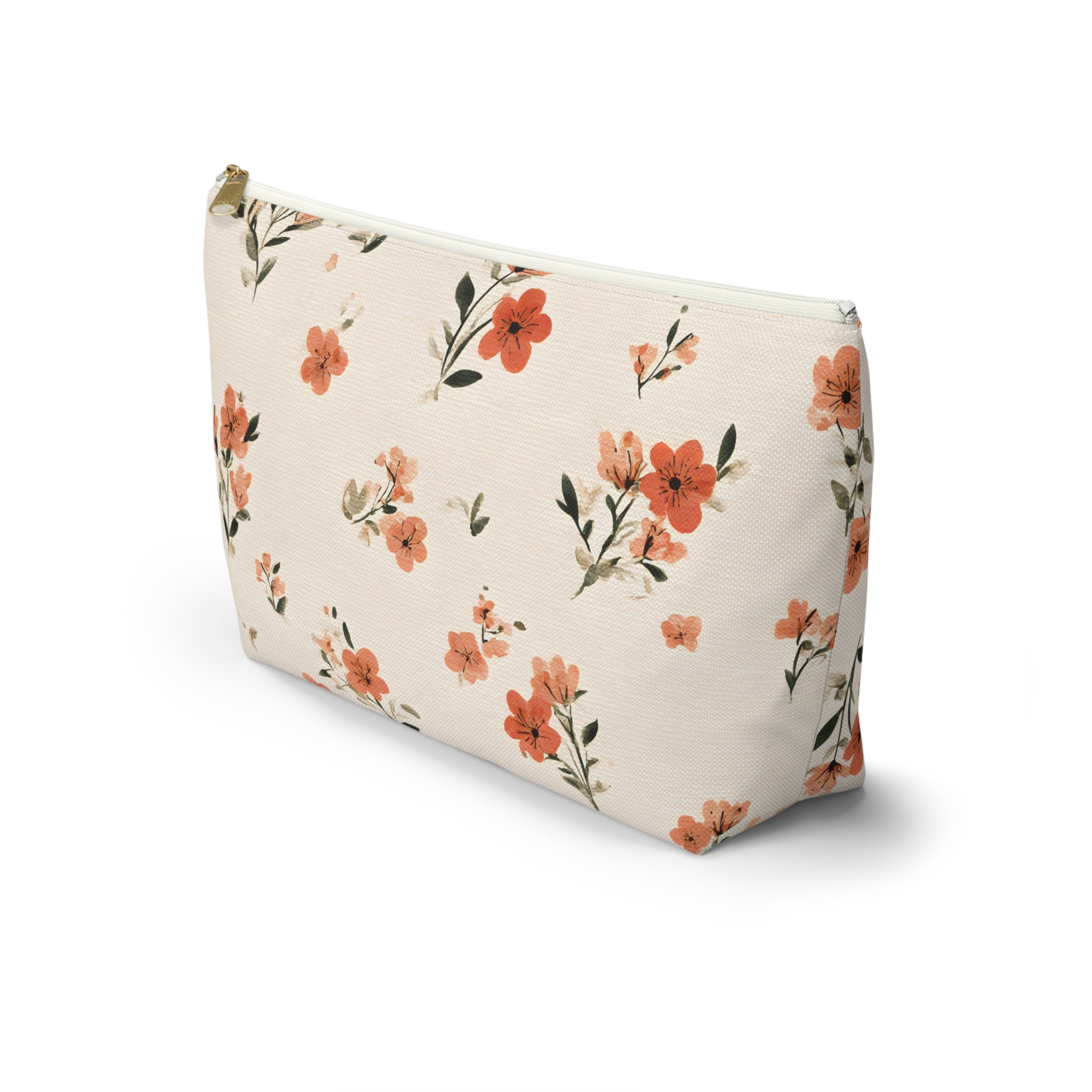 Peach Floral Print Accessory Pouch | T-Bottom Zipper Pouch