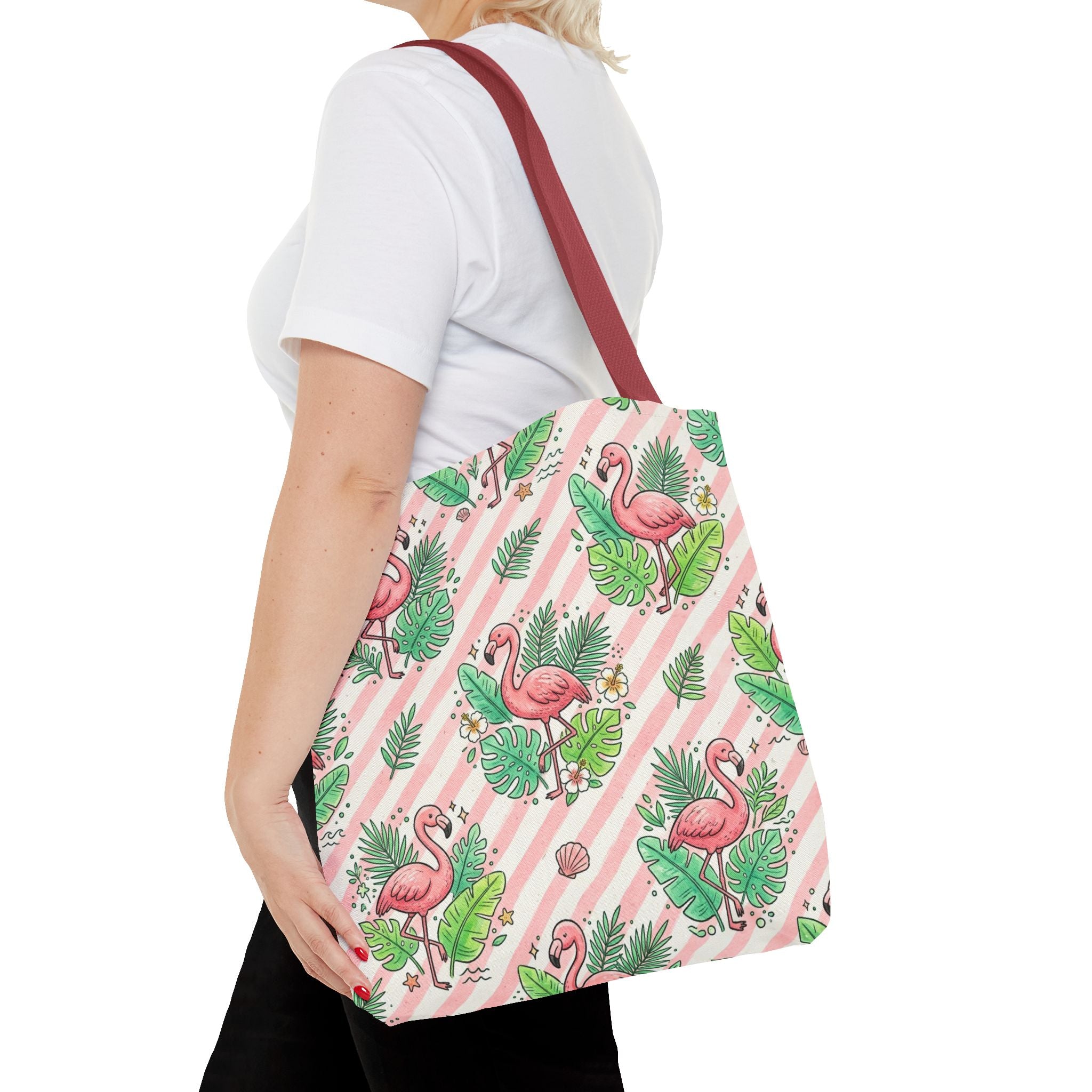Pink Flamingo Pattern Tote Bag | Tropical Leaves Striped All-Over Print