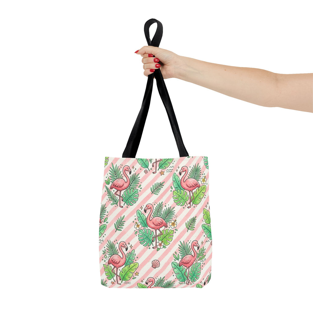 Pink Flamingo Pattern Tote Bag | Tropical Leaves Striped All-Over Print