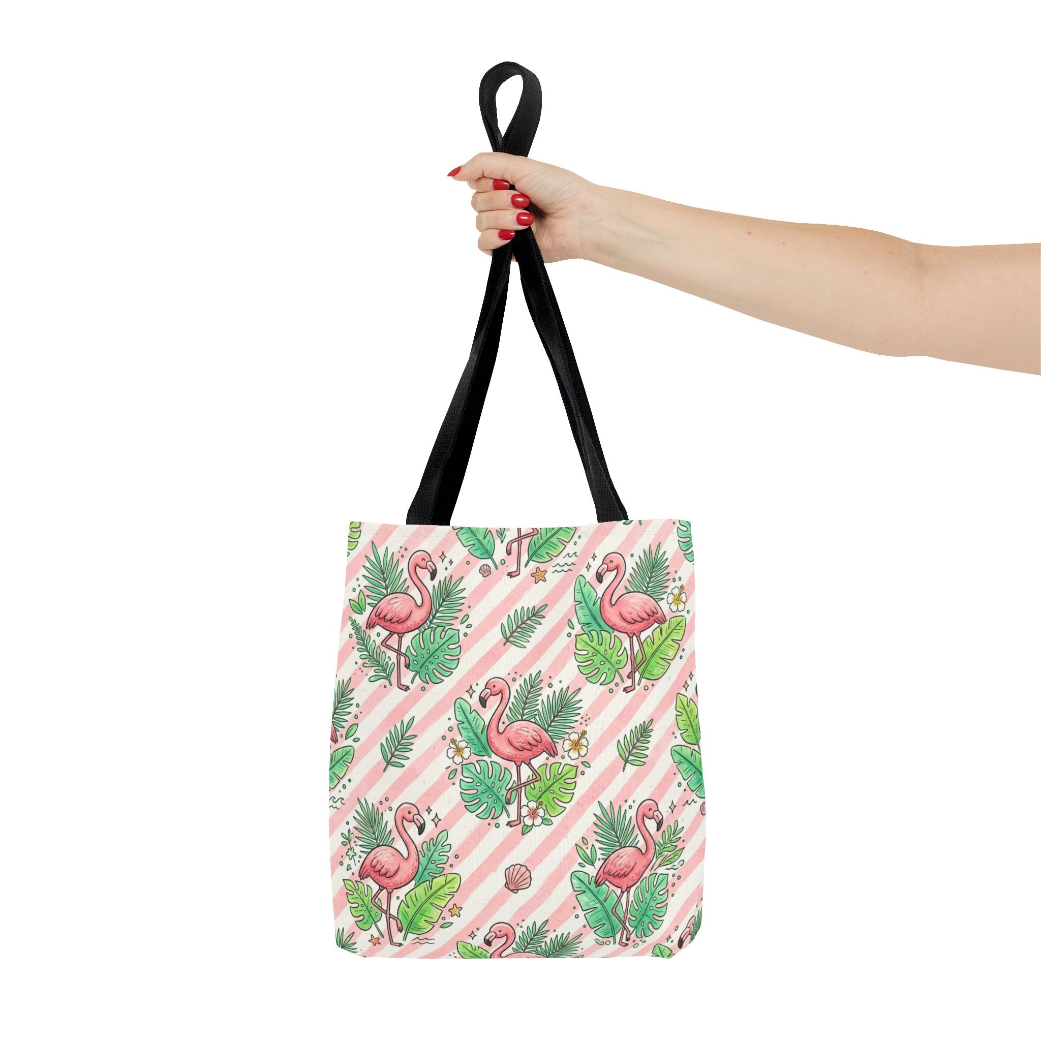 Pink Flamingo Pattern Tote Bag | Tropical Leaves Striped All-Over Print
