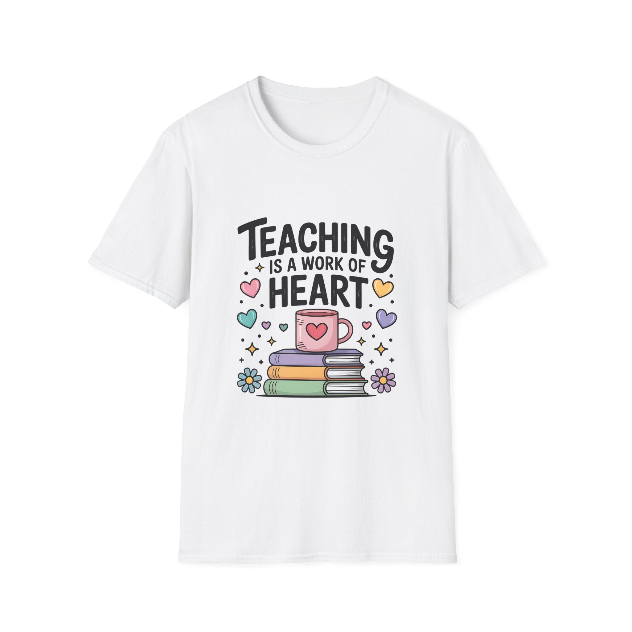 Teaching Is A Work Of Heart T-Shirt | Teacher Mug and Books Illustration