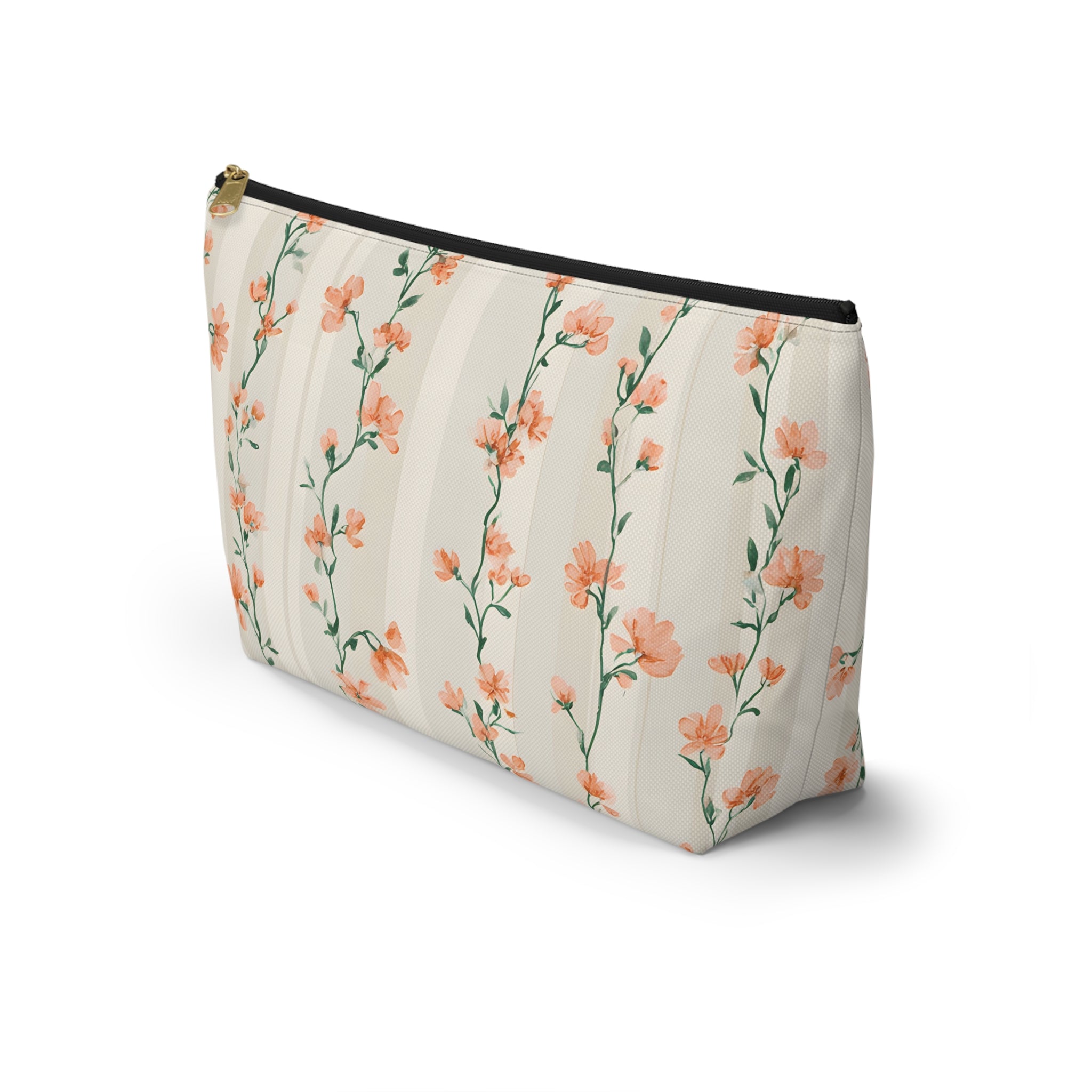 Peach Floral Vines Accessory Pouch | T-Bottom Makeup Bag