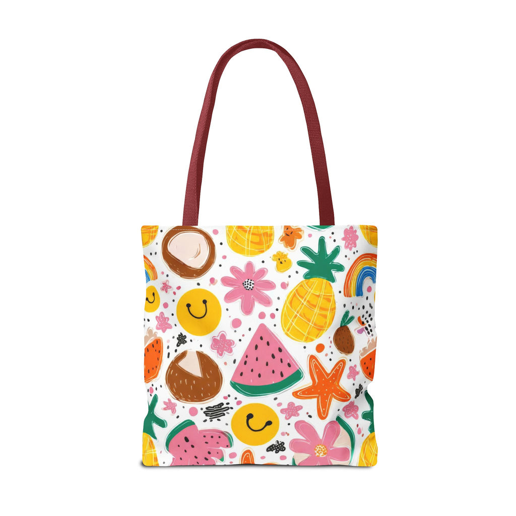 Tropical Fruit Pattern Tote Bag | Pineapple Watermelon Coconut Smiley