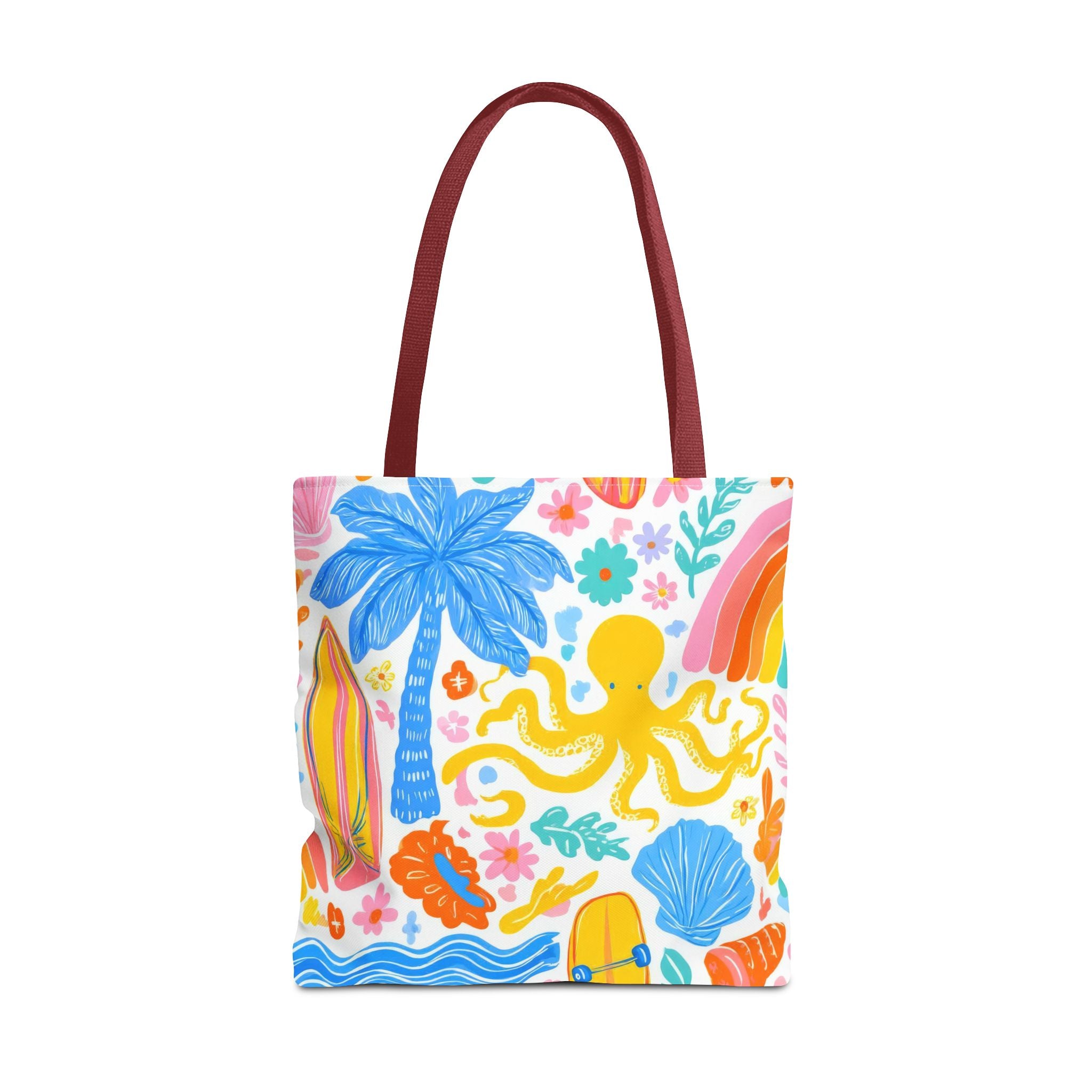 Colorful Beach Octopus Tote Bag | Tropical Palm, Surfboard, Rainbow Print