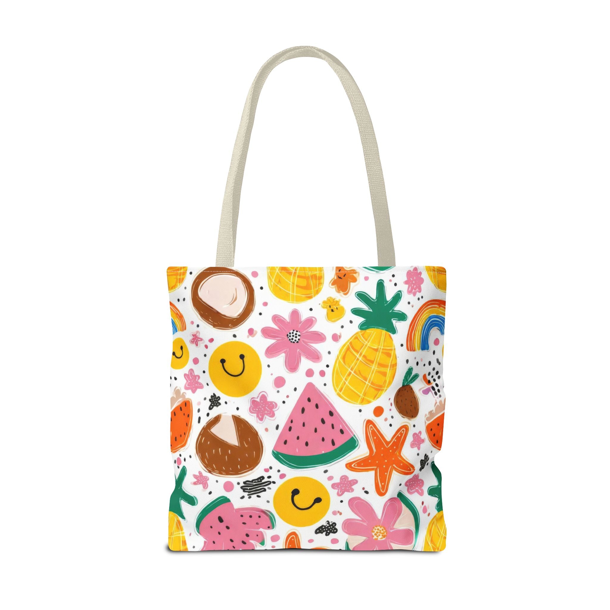 Tropical Fruit Pattern Tote Bag | Pineapple Watermelon Coconut Smiley
