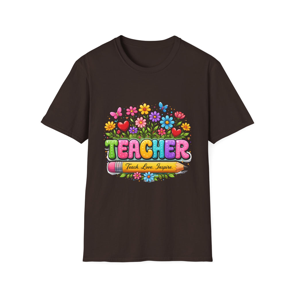 Teacher floral pencil design T-Shirt | Teach Love Inspire, colorful school shirt