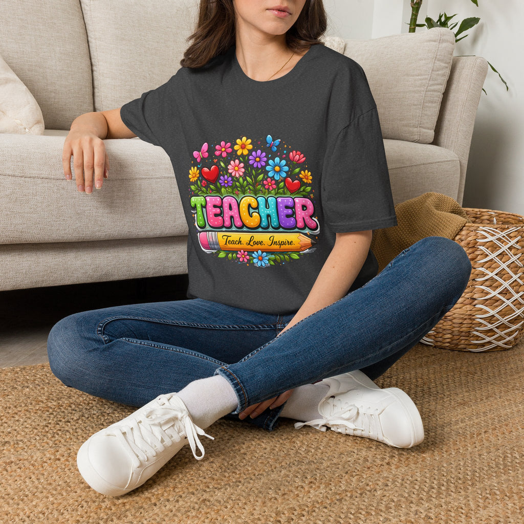 Teacher floral pencil design T-Shirt | Teach Love Inspire, colorful school shirt