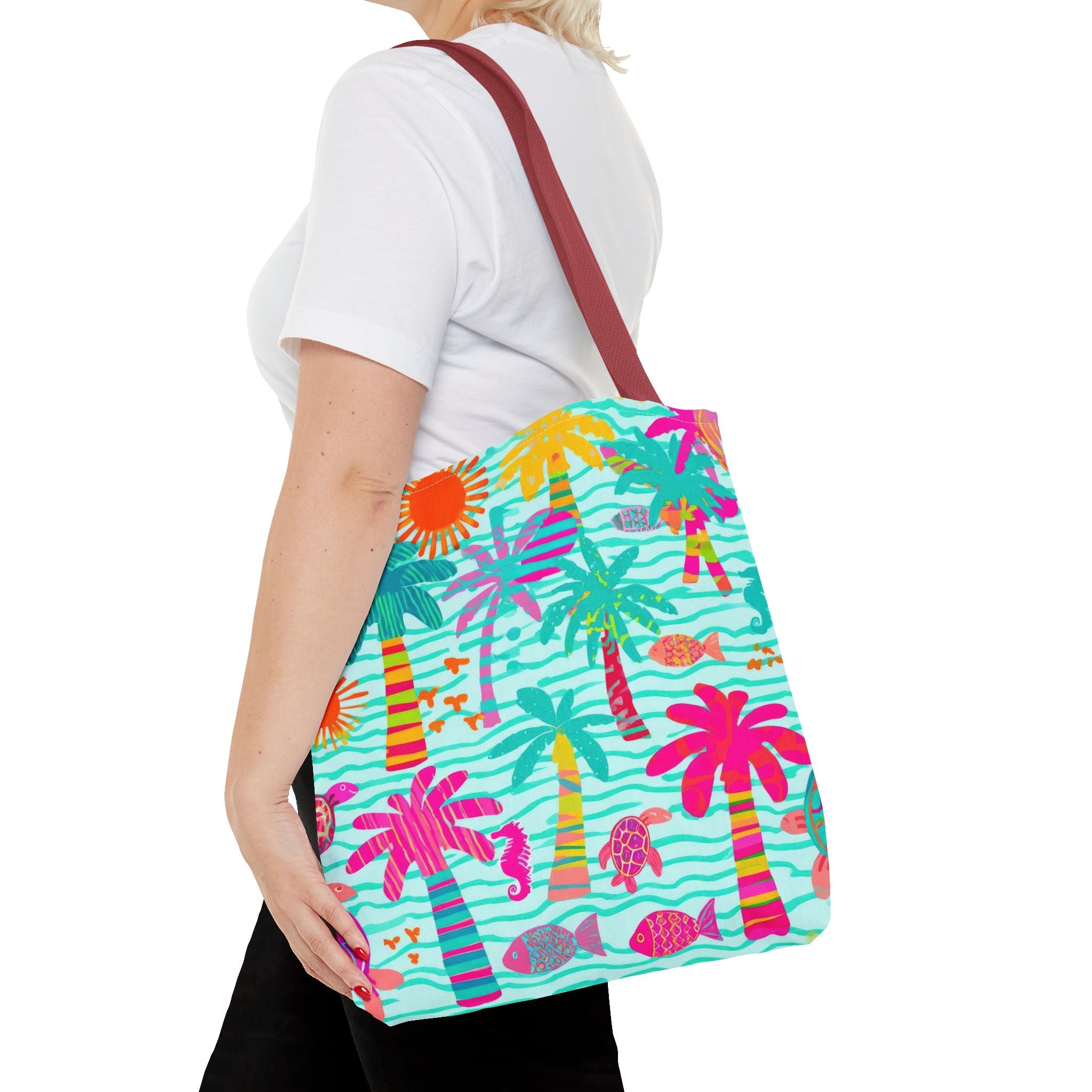 Tropical Palm Pattern Tote Bag | Colorful Beach Palms Stripe All-Over Print