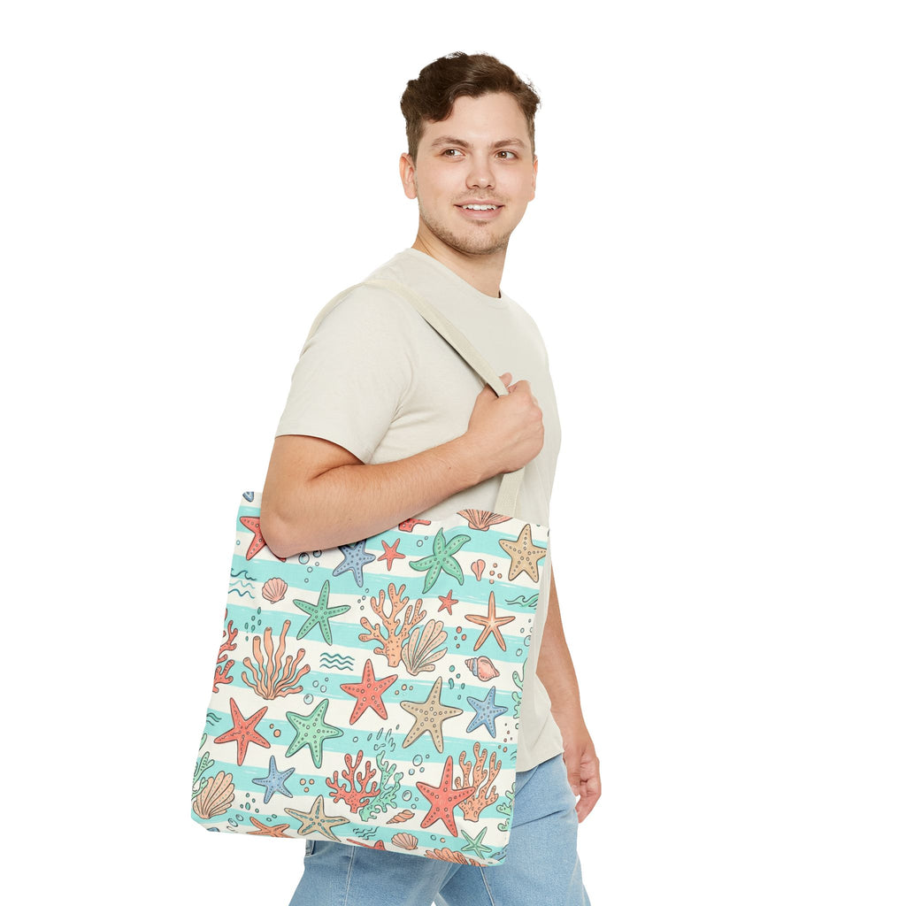 Starfish Coral Pattern Tote Bag | Beach Sea Life Striped Nautical Design