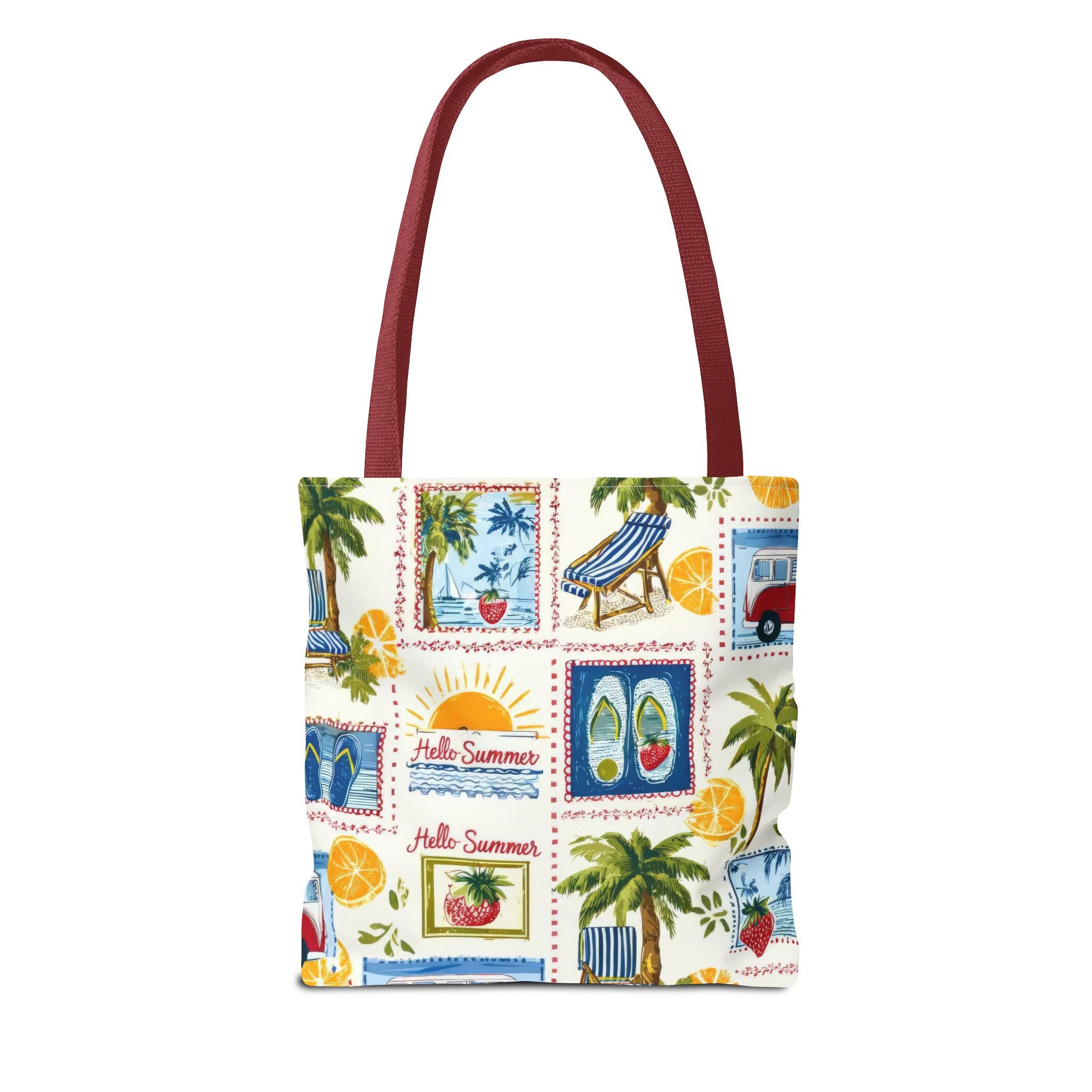 Hello Summer collage Tote Bag | beach palm trees flip flops camper van