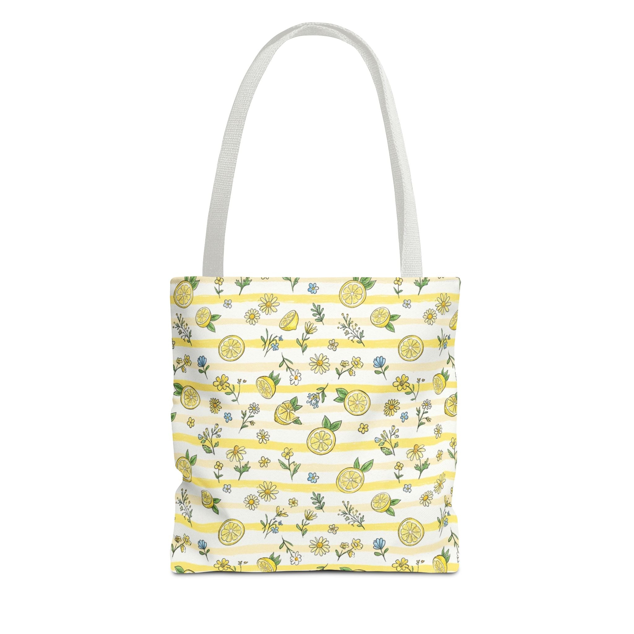 Lemon Stripe Pattern Tote Bag | Citrus Floral All-Over Print