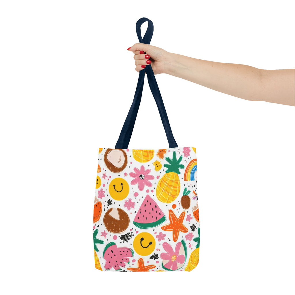 Tropical Fruit Pattern Tote Bag | Pineapple Watermelon Coconut Smiley