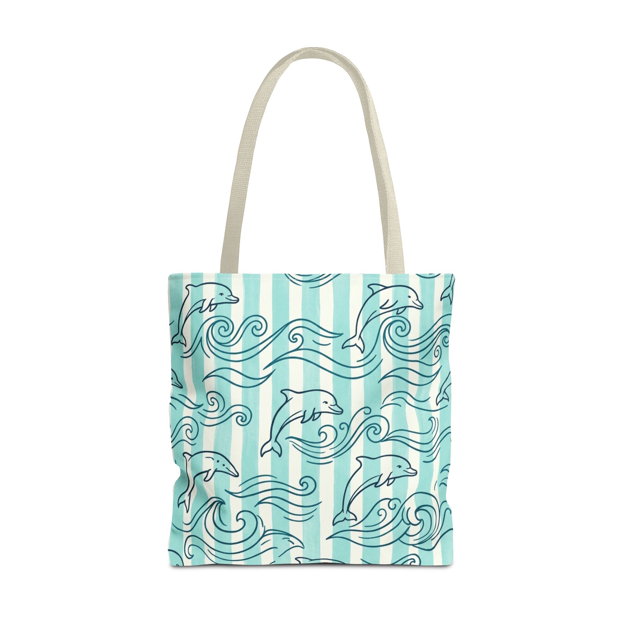 Dolphin Wave Pattern Tote Bag | Aqua Striped Ocean Design