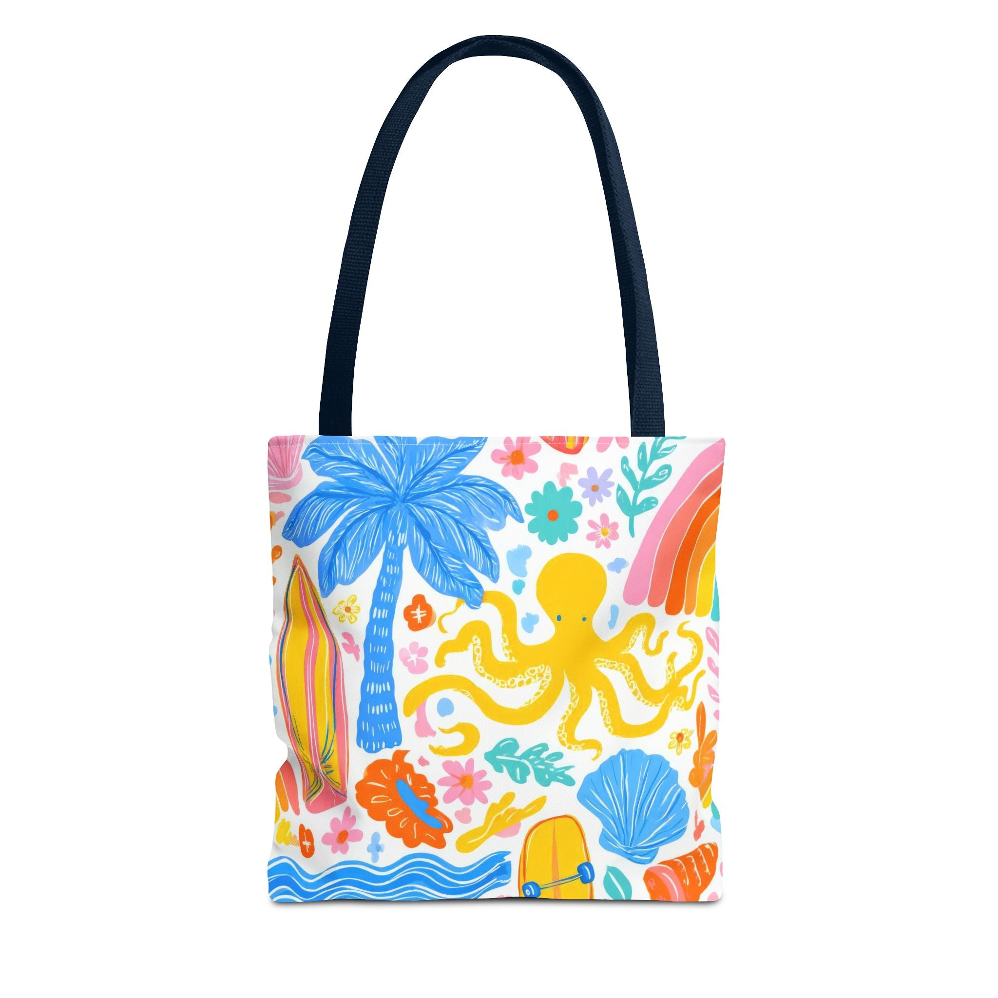 Colorful Beach Octopus Tote Bag | Tropical Palm, Surfboard, Rainbow Print