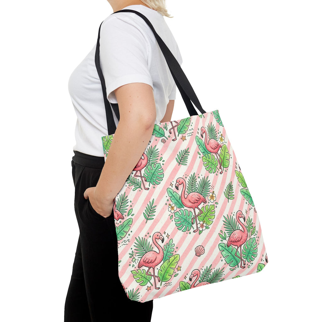Pink Flamingo Pattern Tote Bag | Tropical Leaves Striped All-Over Print