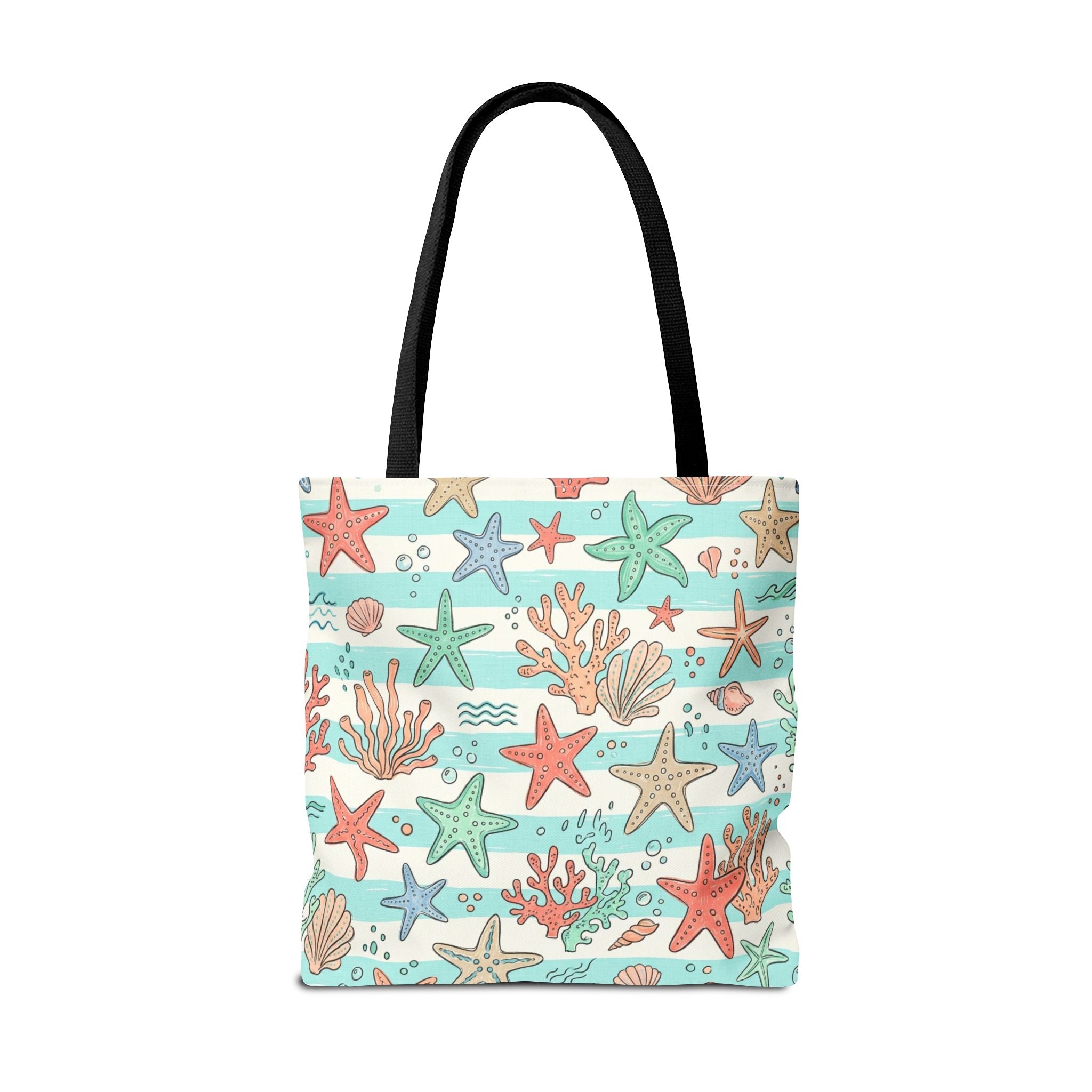 Starfish Coral Pattern Tote Bag | Beach Sea Life Striped Nautical Design