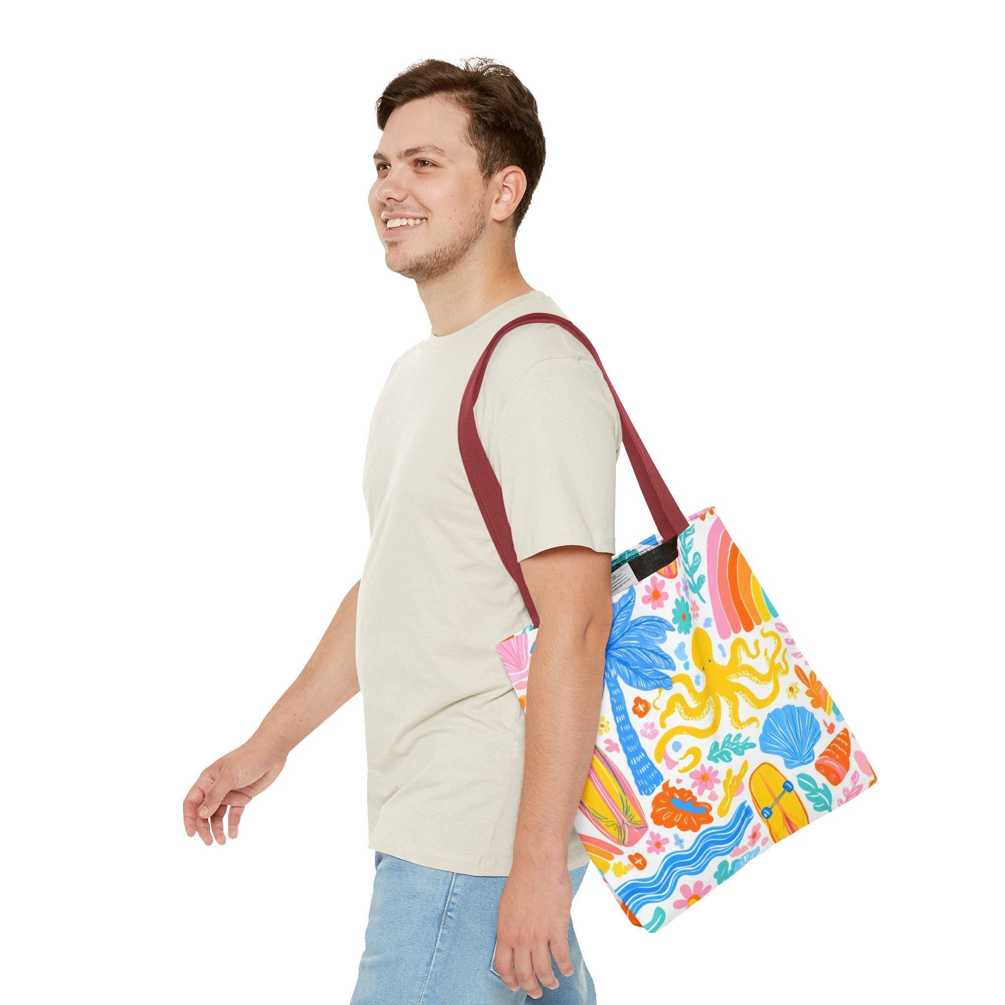 Colorful Beach Octopus Tote Bag | Tropical Palm, Surfboard, Rainbow Print