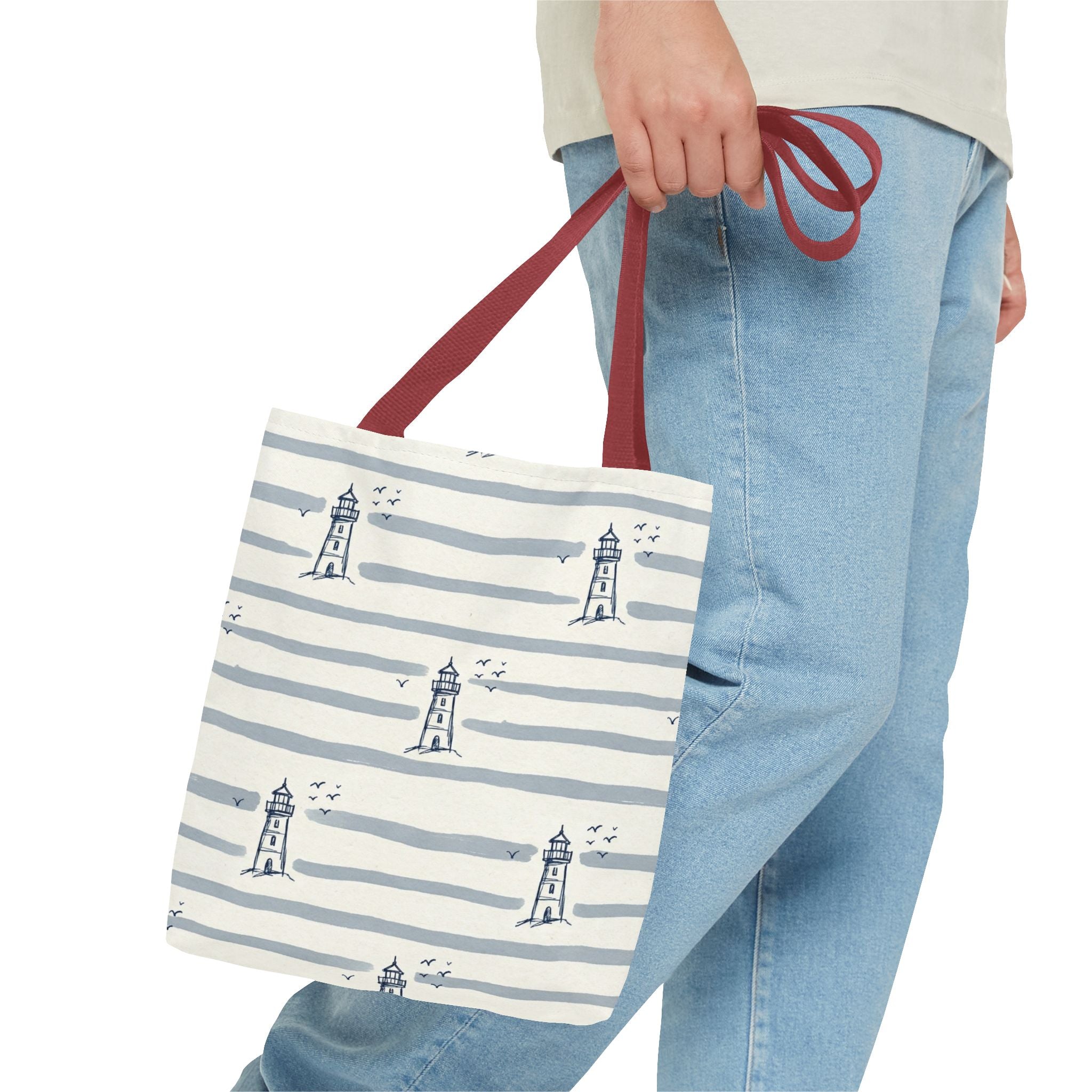 Nautical Lighthouse Pattern Tote Bag | Striped Coastal Beach Tote