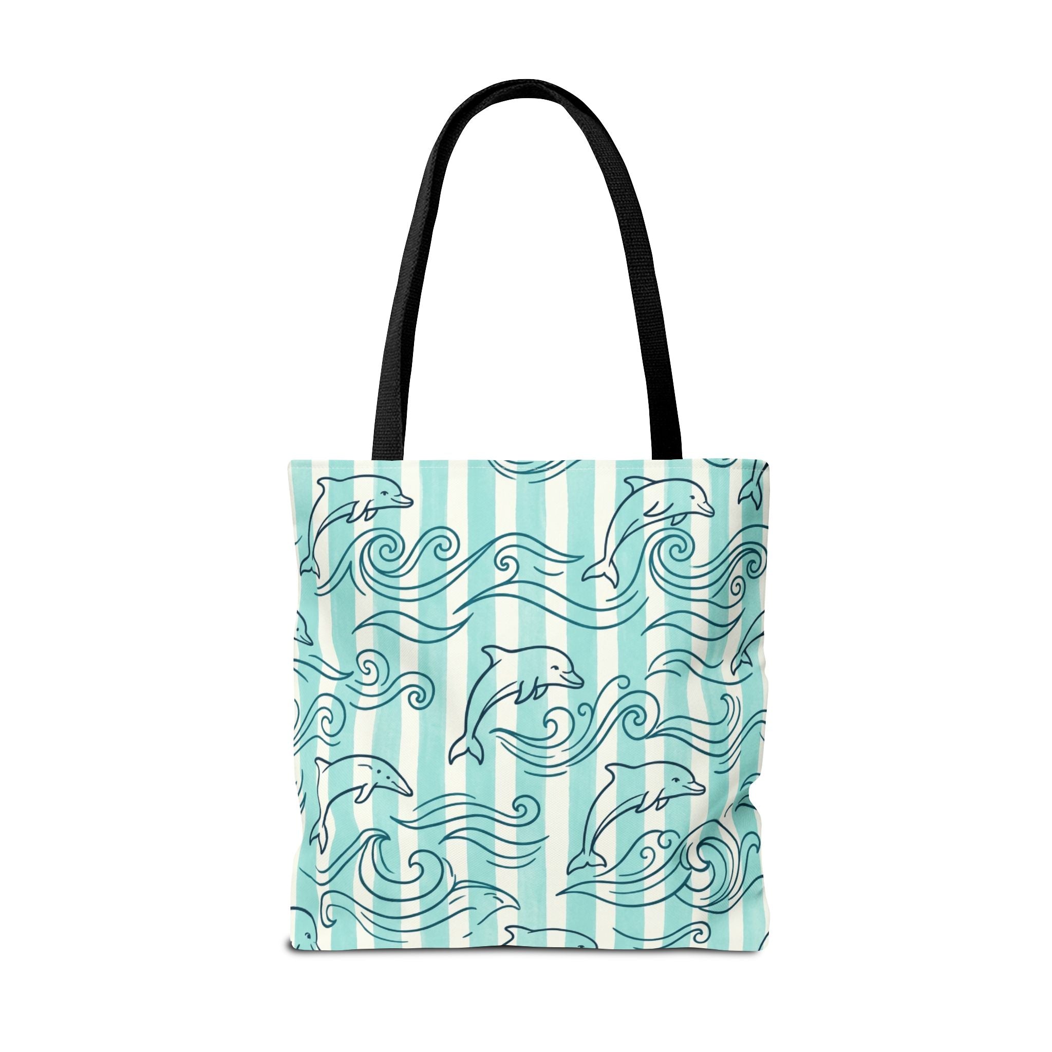 Dolphin Wave Pattern Tote Bag | Aqua Striped Ocean Design