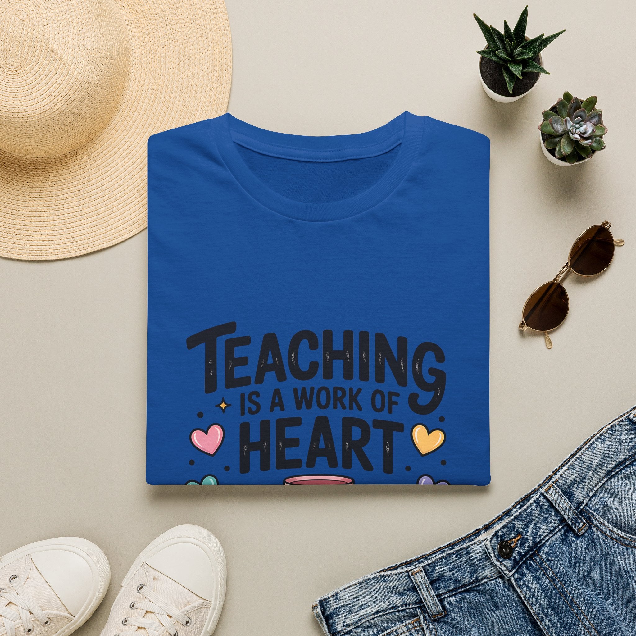 Teaching Is A Work Of Heart T-Shirt | Teacher Mug and Books Illustration