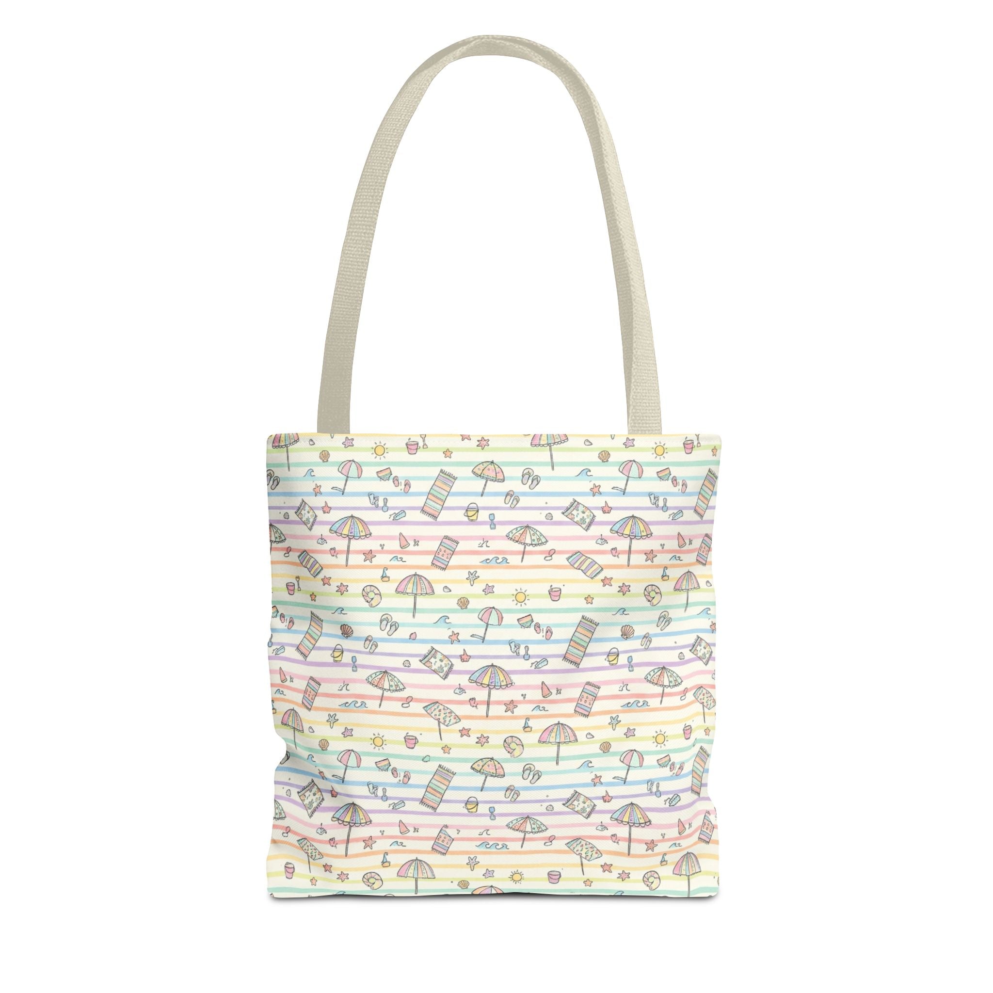 Pastel Beach Pattern Tote Bag | Seashells, Umbrellas, Flip Flops