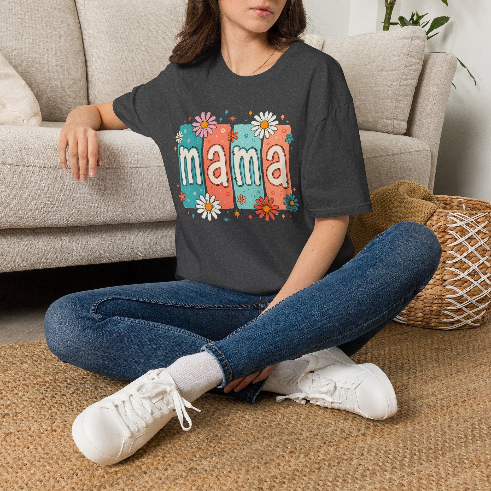 Mama floral retro blocks T-Shirt | daisy mom design