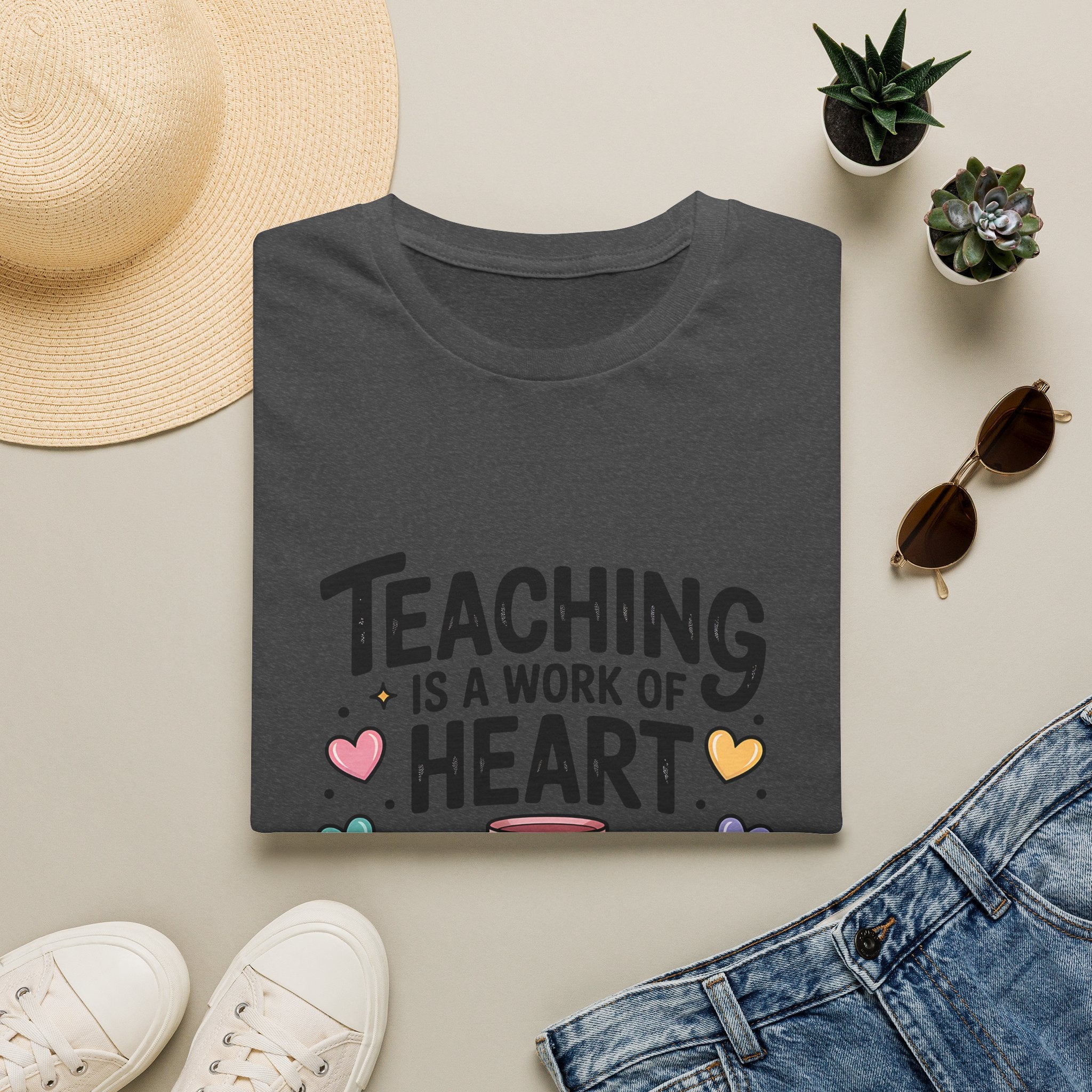 Teaching Is A Work Of Heart T-Shirt | Teacher Mug and Books Illustration