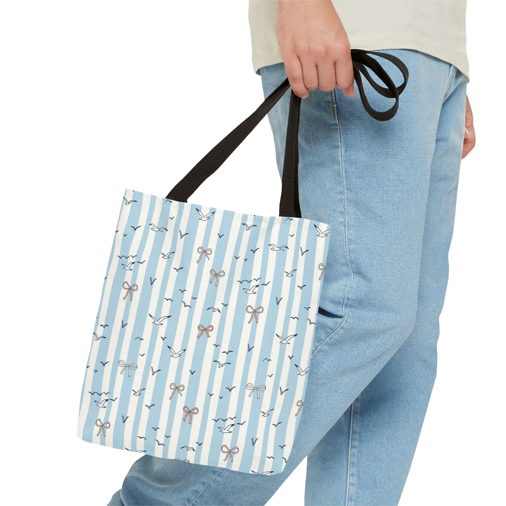 Blue Striped Bows and Birds Tote Bag