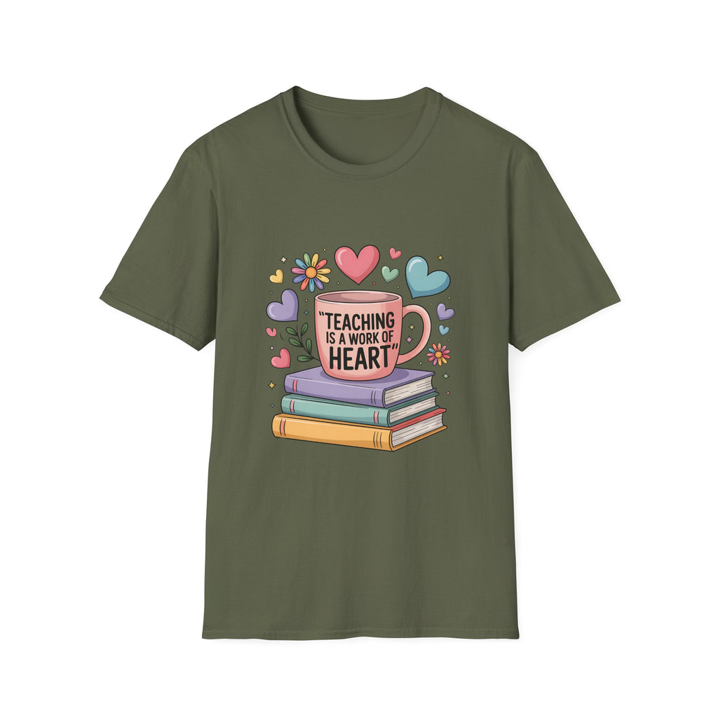 Teaching Is a Work of Heart T-Shirt | Teacher Mug and Books Design