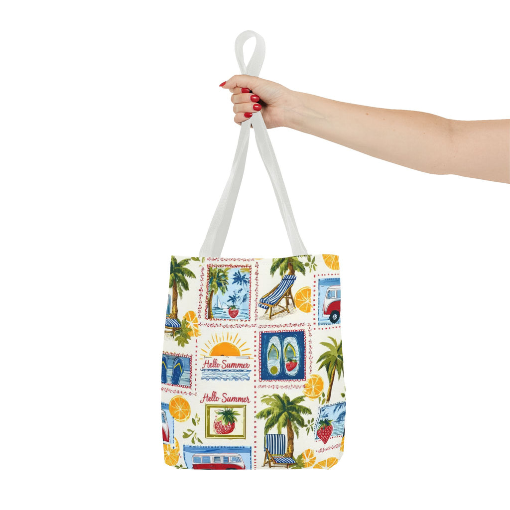 Hello Summer collage Tote Bag | beach palm trees flip flops camper van