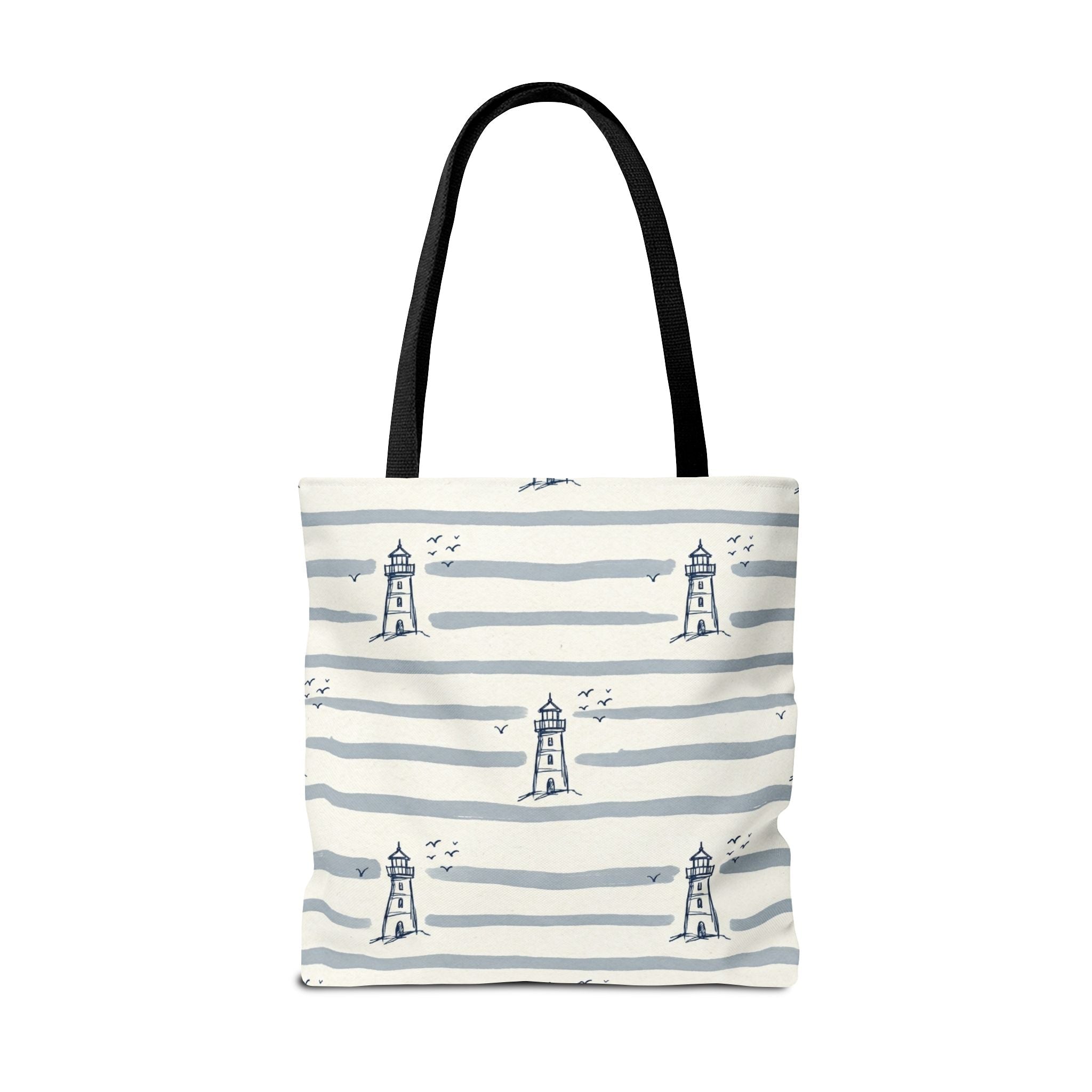 Nautical Lighthouse Pattern Tote Bag | Striped Coastal Beach Tote