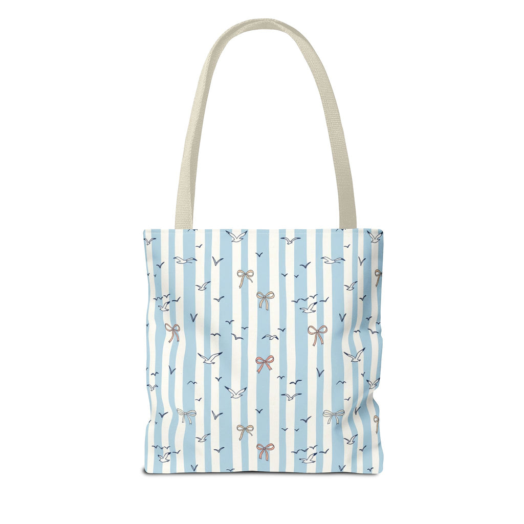 Blue Striped Bows and Birds Tote Bag