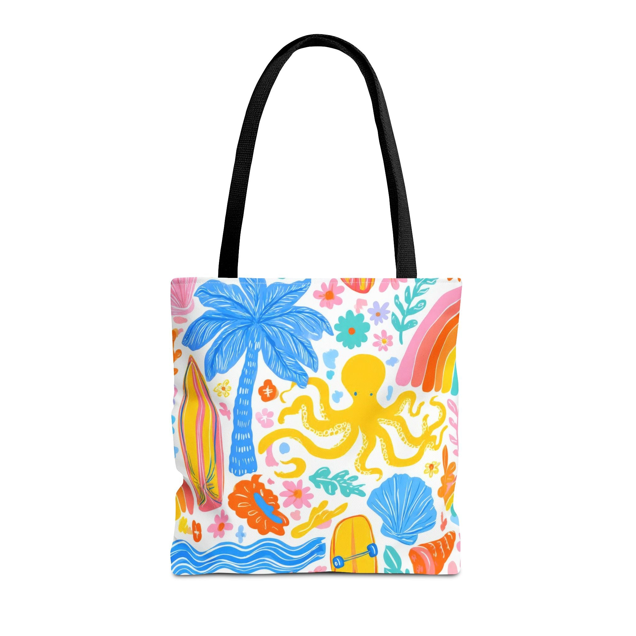 Colorful Beach Octopus Tote Bag | Tropical Palm, Surfboard, Rainbow Print