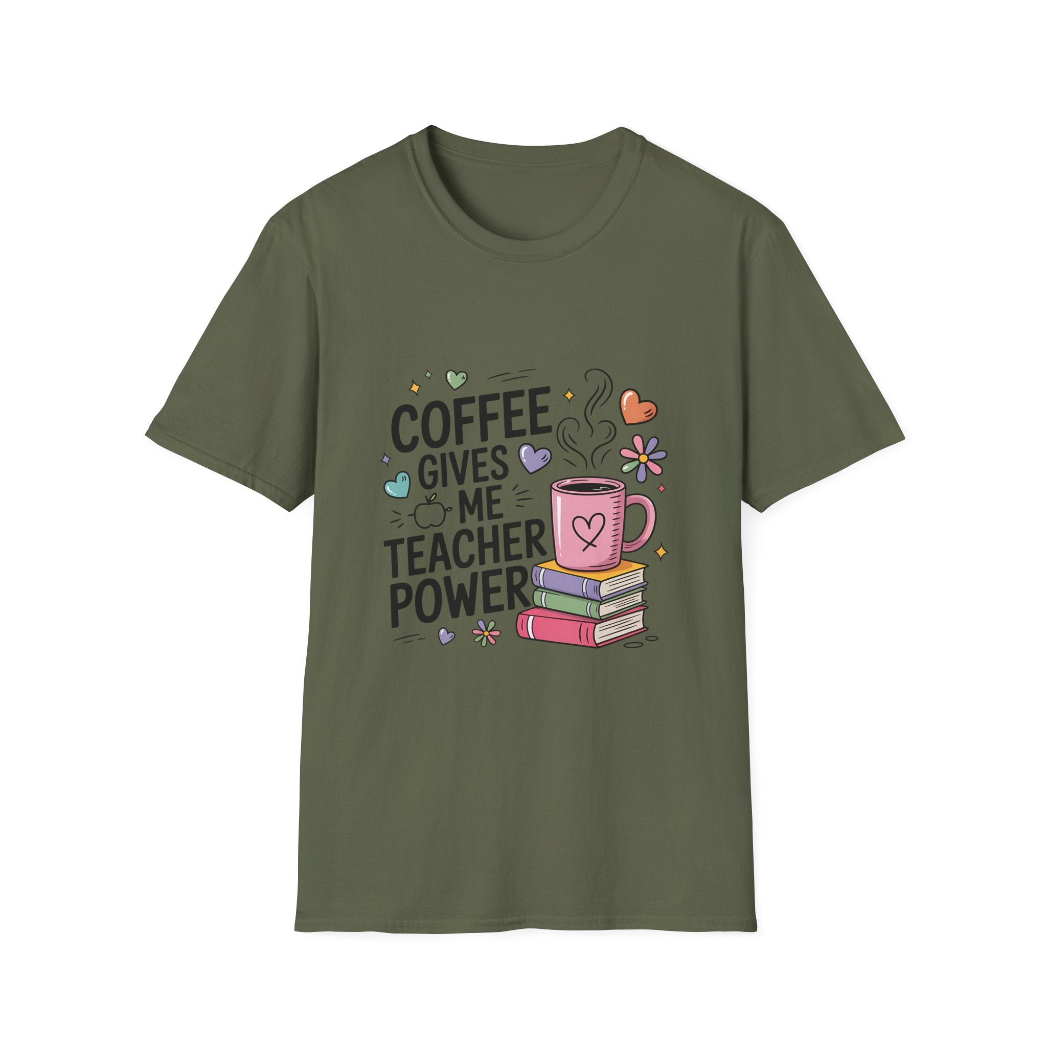 Coffee Gives Me Teacher Power T-Shirt | Teacher Coffee Mug Stack Design