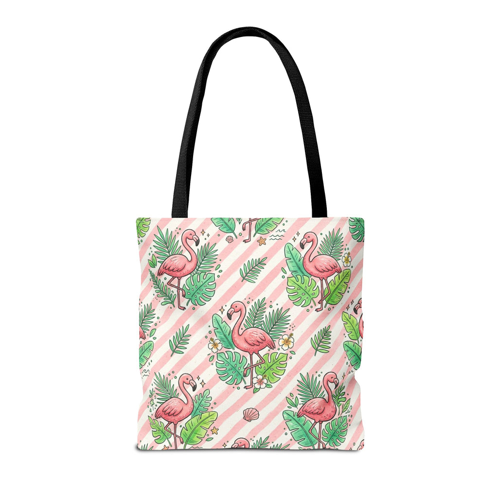 Pink Flamingo Pattern Tote Bag | Tropical Leaves Striped All-Over Print