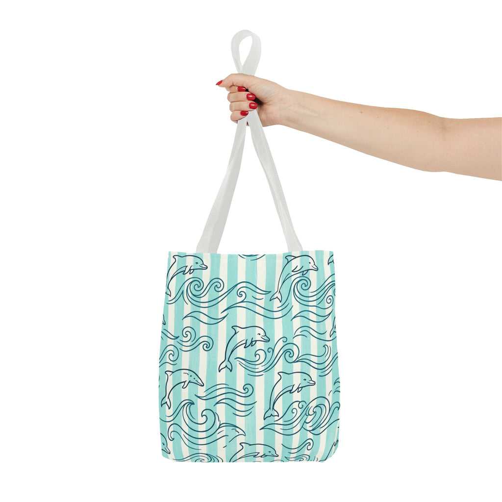 Dolphin Wave Pattern Tote Bag | Aqua Striped Ocean Design