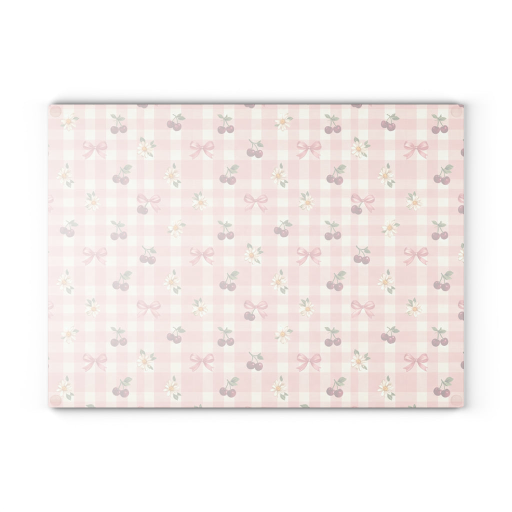 Cherry Bow Plaid Glass Cutting Board | Pink Floral Cherry Pattern