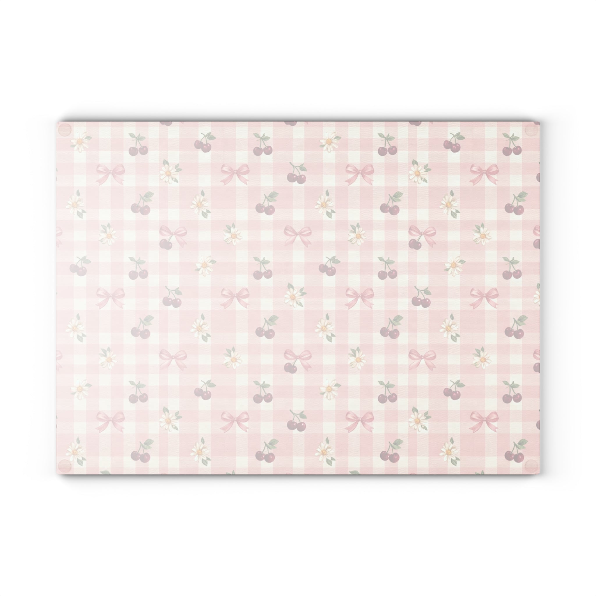 Cherry Bow Plaid Glass Cutting Board | Pink Floral Cherry Pattern