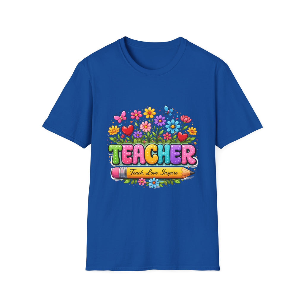 Teacher floral pencil design T-Shirt | Teach Love Inspire, colorful school shirt