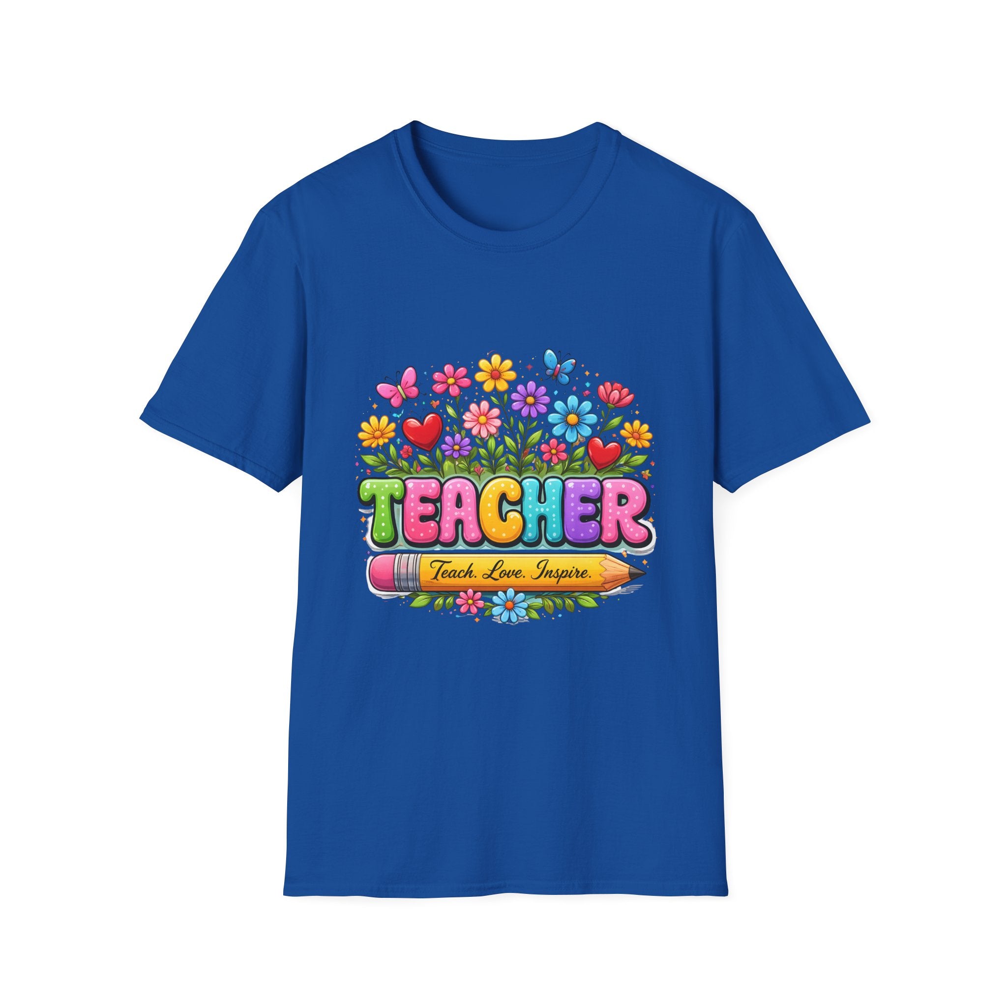 Teacher floral pencil design T-Shirt | Teach Love Inspire, colorful school shirt