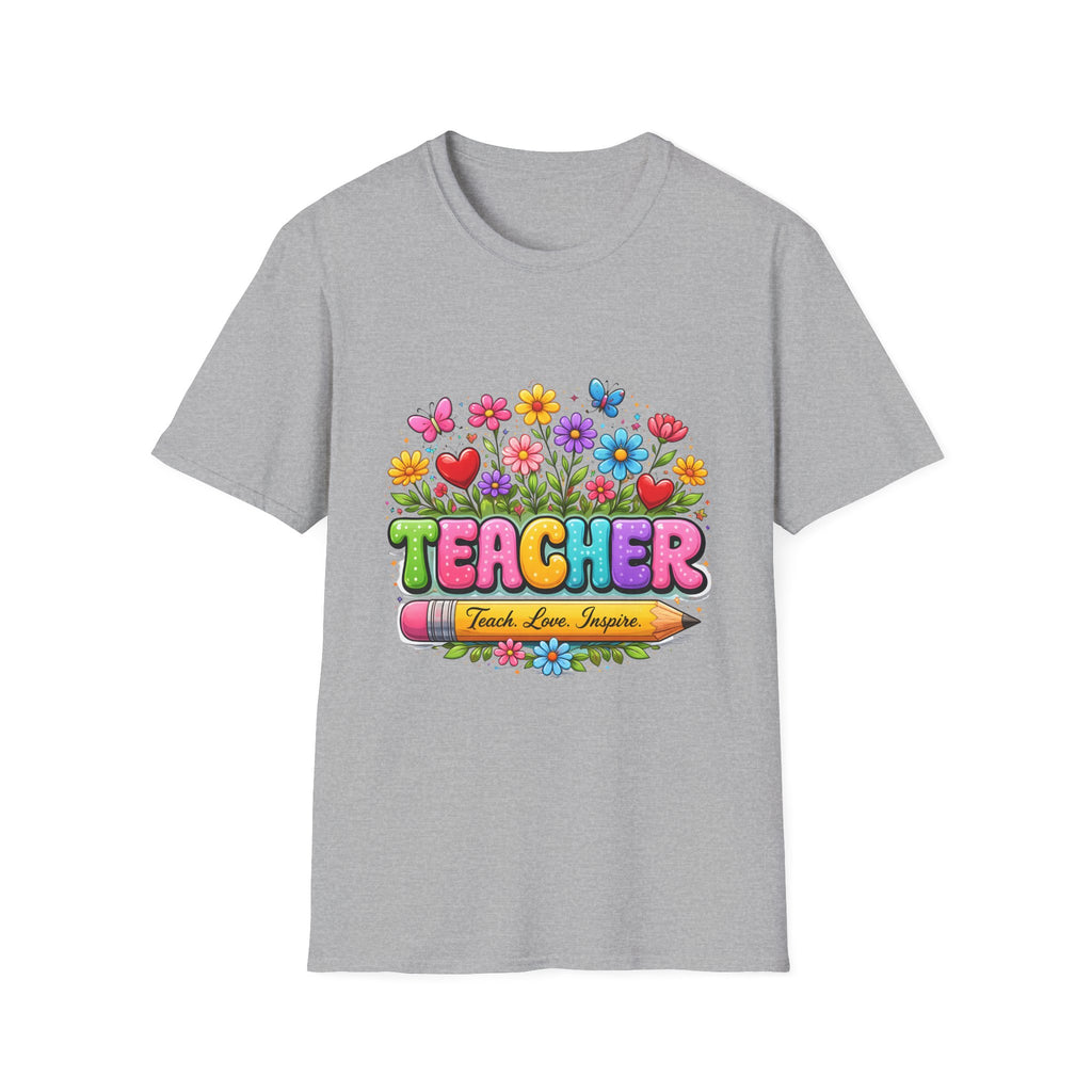 Teacher floral pencil design T-Shirt | Teach Love Inspire, colorful school shirt