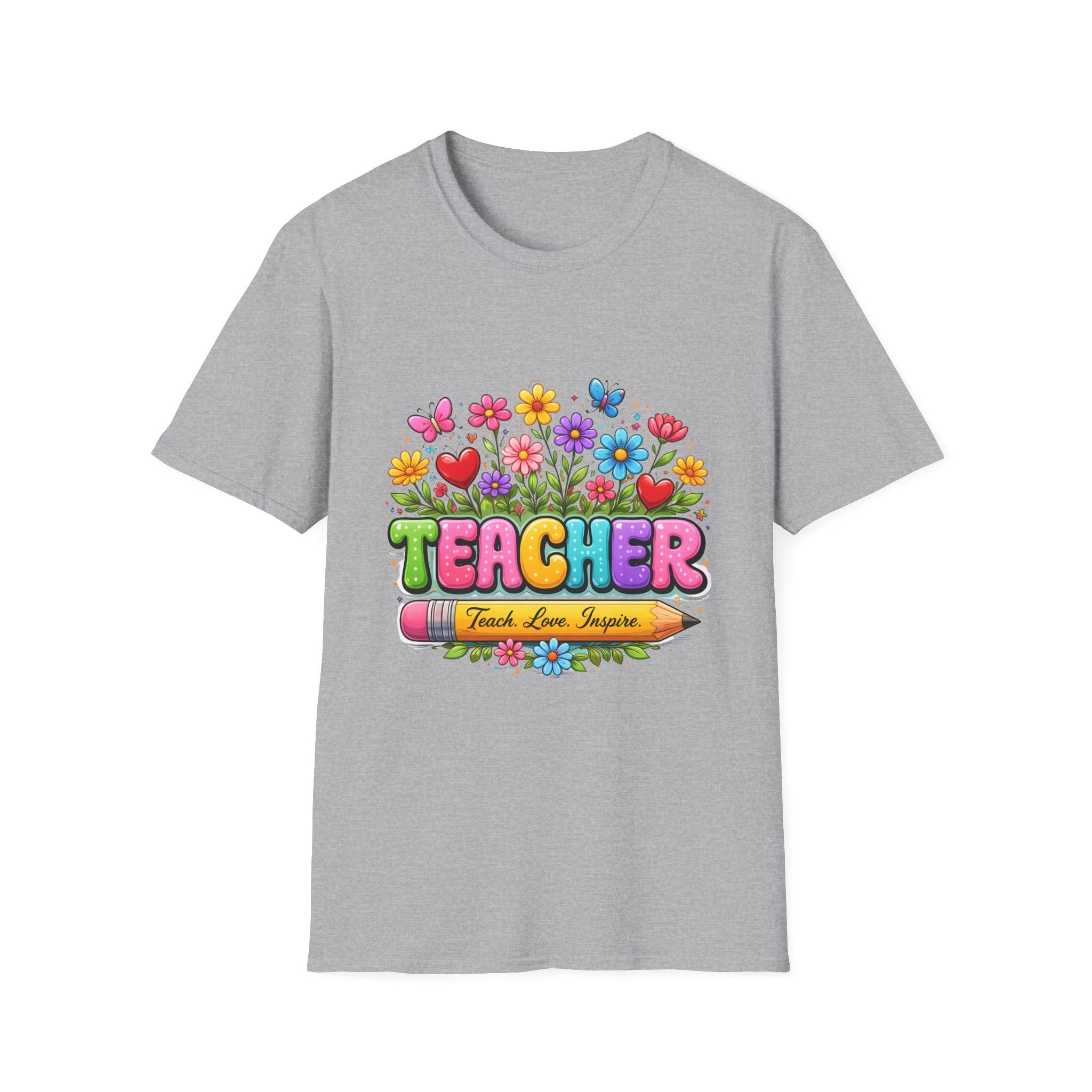 Teacher floral pencil design T-Shirt | Teach Love Inspire, colorful school shirt