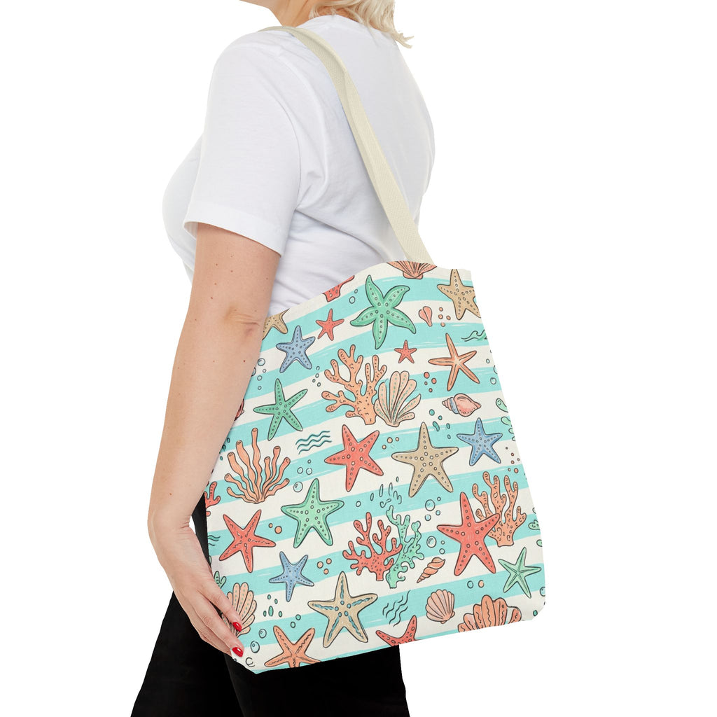 Starfish Coral Pattern Tote Bag | Beach Sea Life Striped Nautical Design