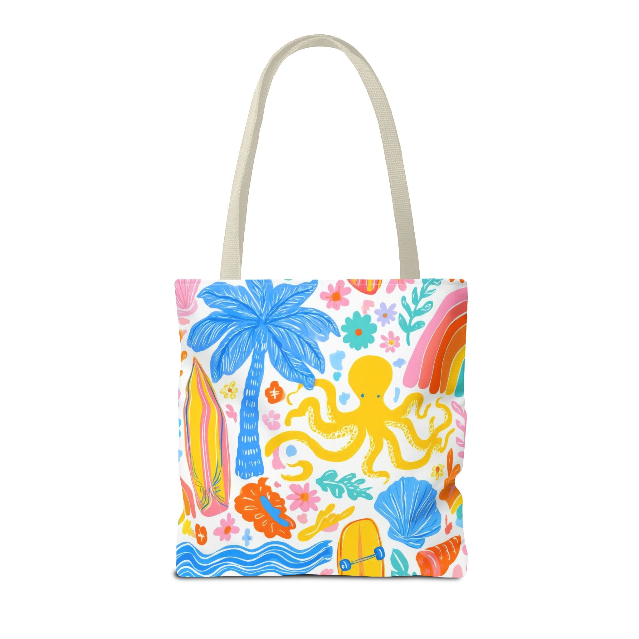 Colorful Beach Octopus Tote Bag | Tropical Palm, Surfboard, Rainbow Print