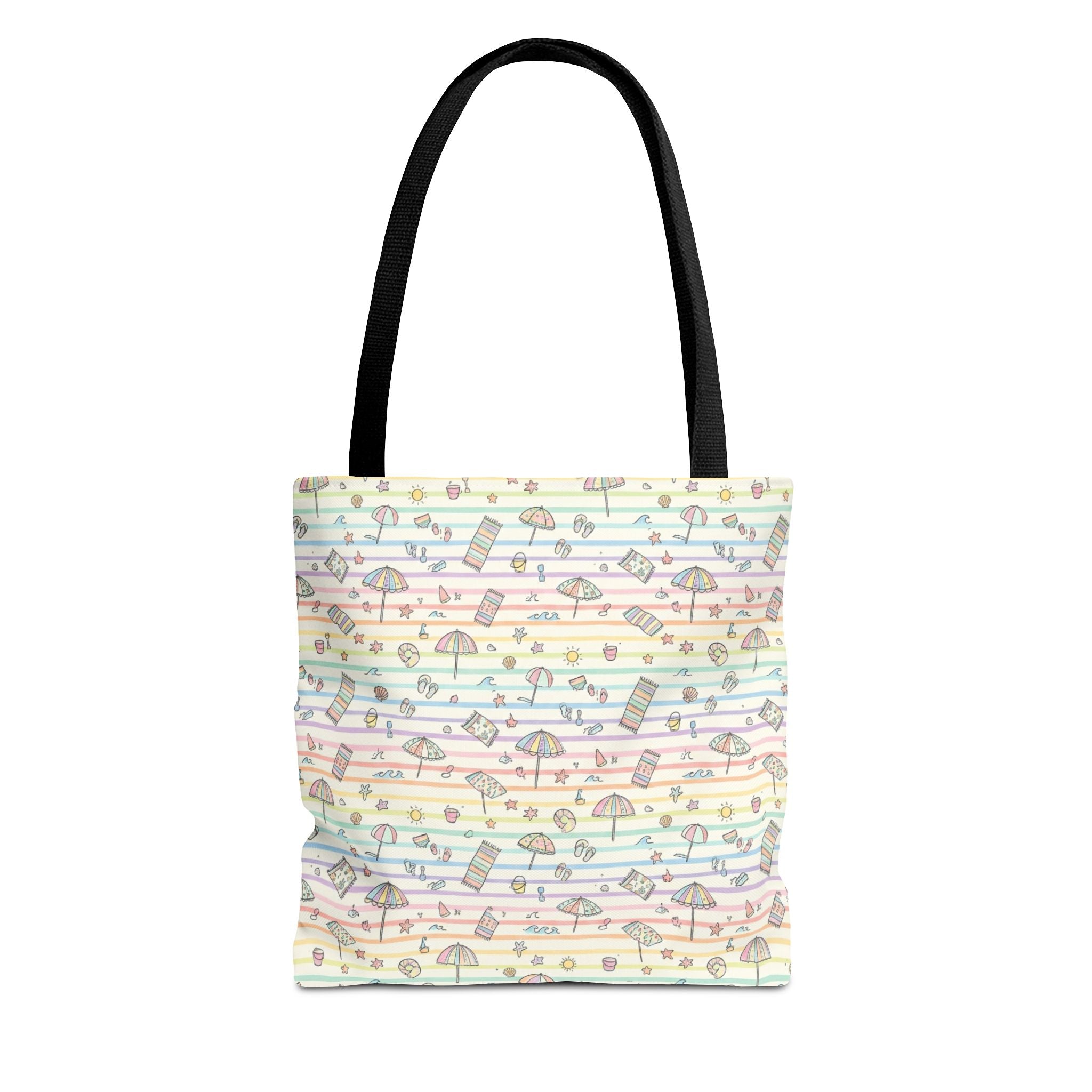 Pastel Beach Pattern Tote Bag | Seashells, Umbrellas, Flip Flops