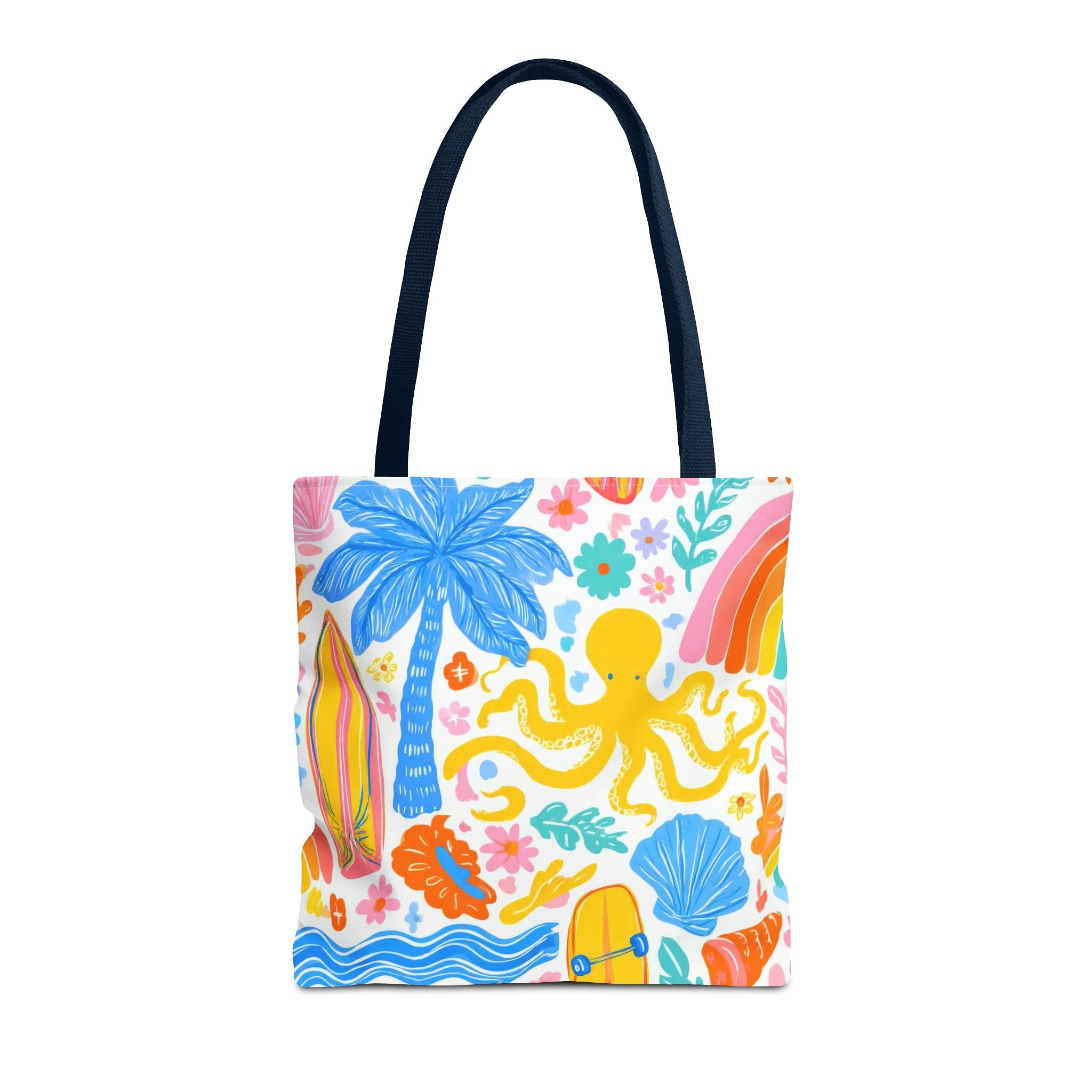 Colorful Beach Octopus Tote Bag | Tropical Palm, Surfboard, Rainbow Print