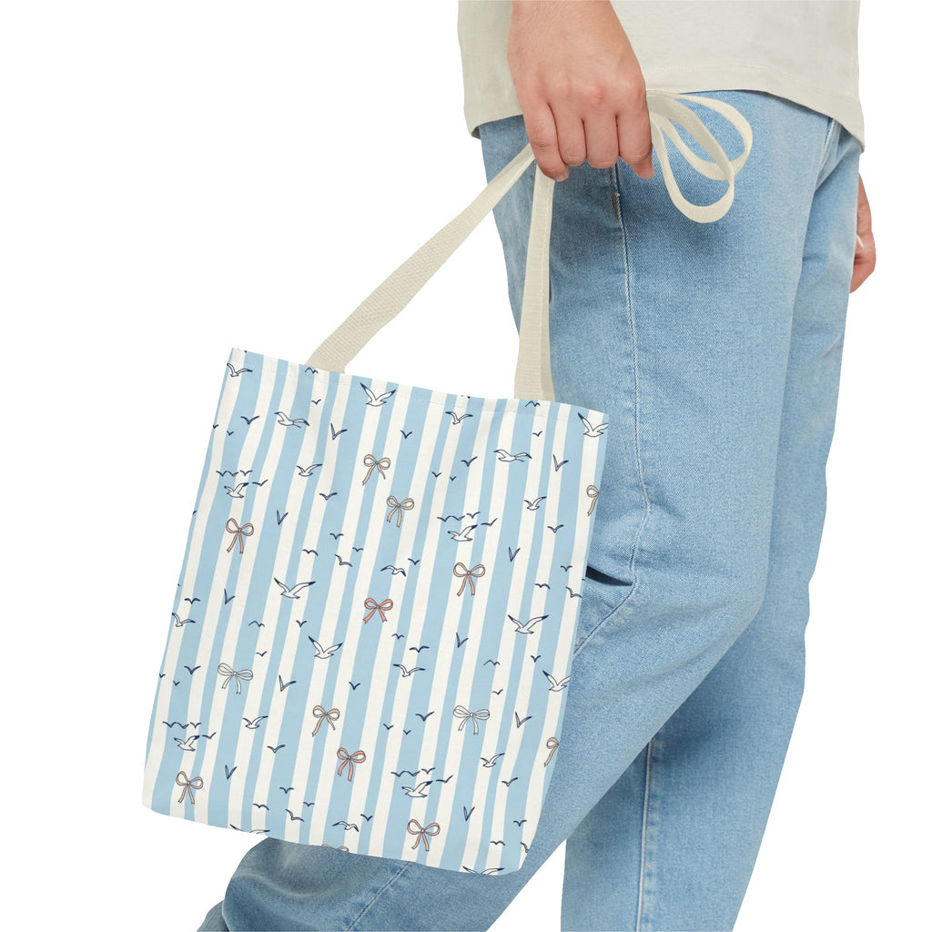 Blue Striped Bows and Birds Tote Bag